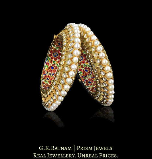 18k Gold and Diamond Polki Bangle Pair (Pacheli) with Hyderabadi Pearls