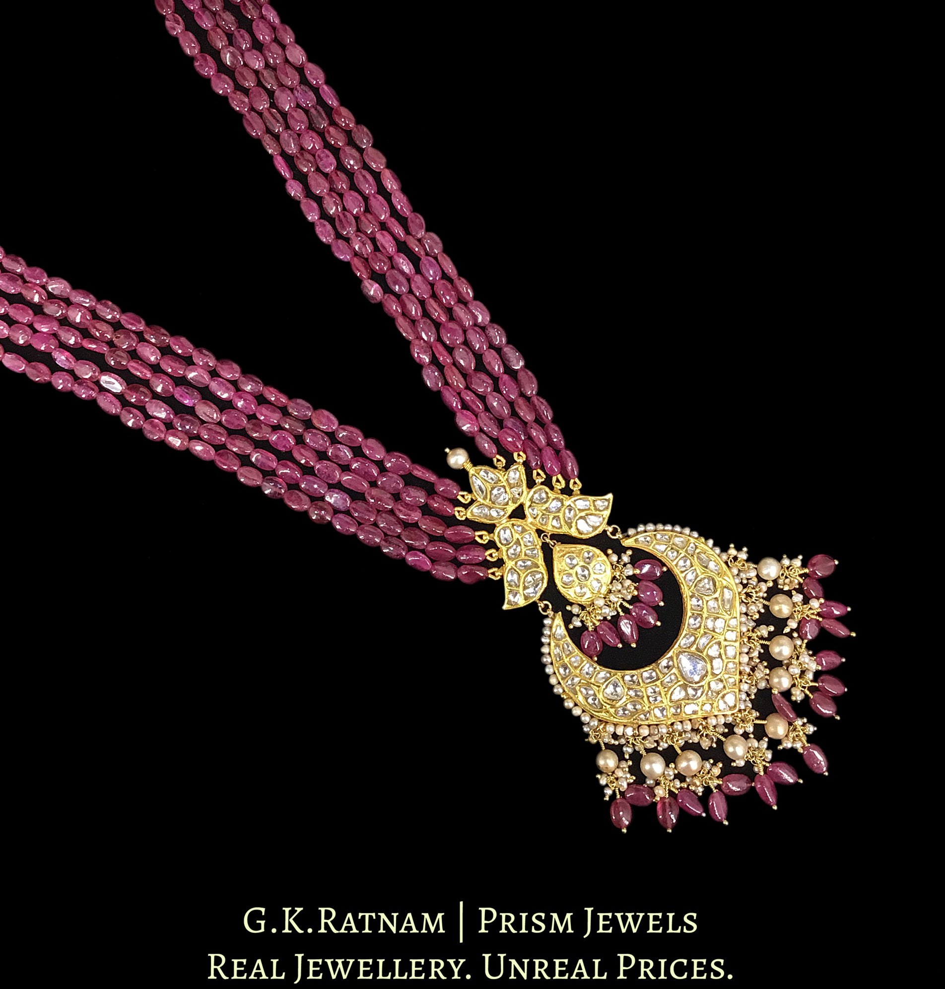 23k Gold and Diamond Polki Pendant with Natural (glass-filled) Rubies