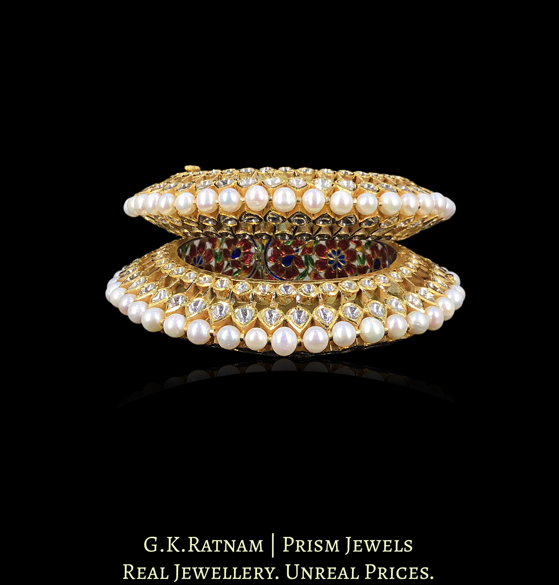 18k Gold and Diamond Polki Bangle Pair (Pacheli) with Hyderabadi Pearls