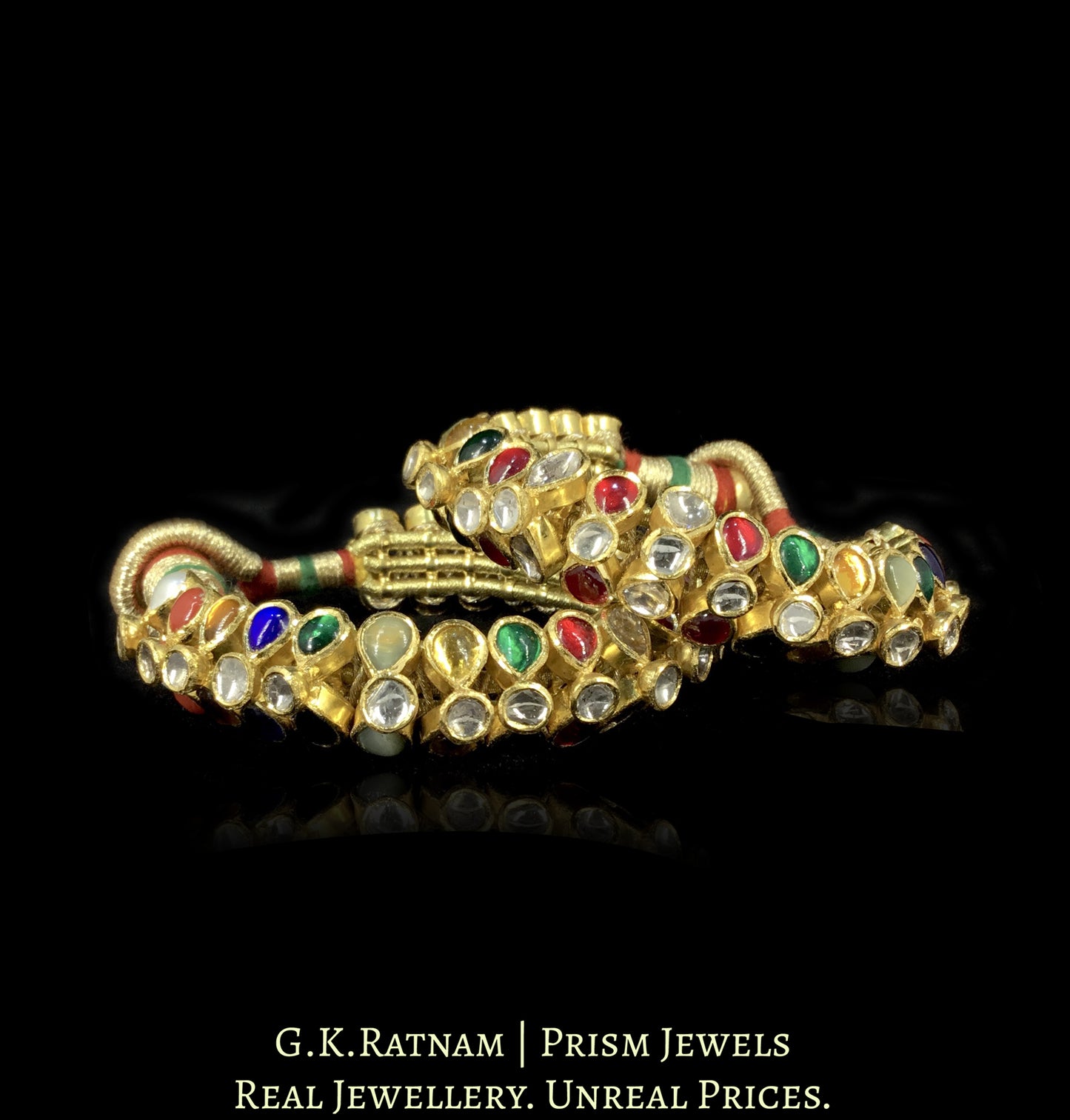 18k Gold and Diamond Polki Navratna Flexible Bracelet Pair (Paunchi / Ponchi)
