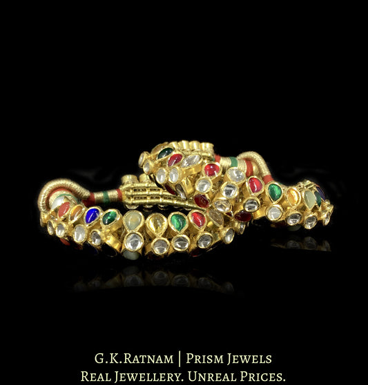 18k Gold and Diamond Polki Navratna Flexible Bracelet Pair (Paunchi / Ponchi)