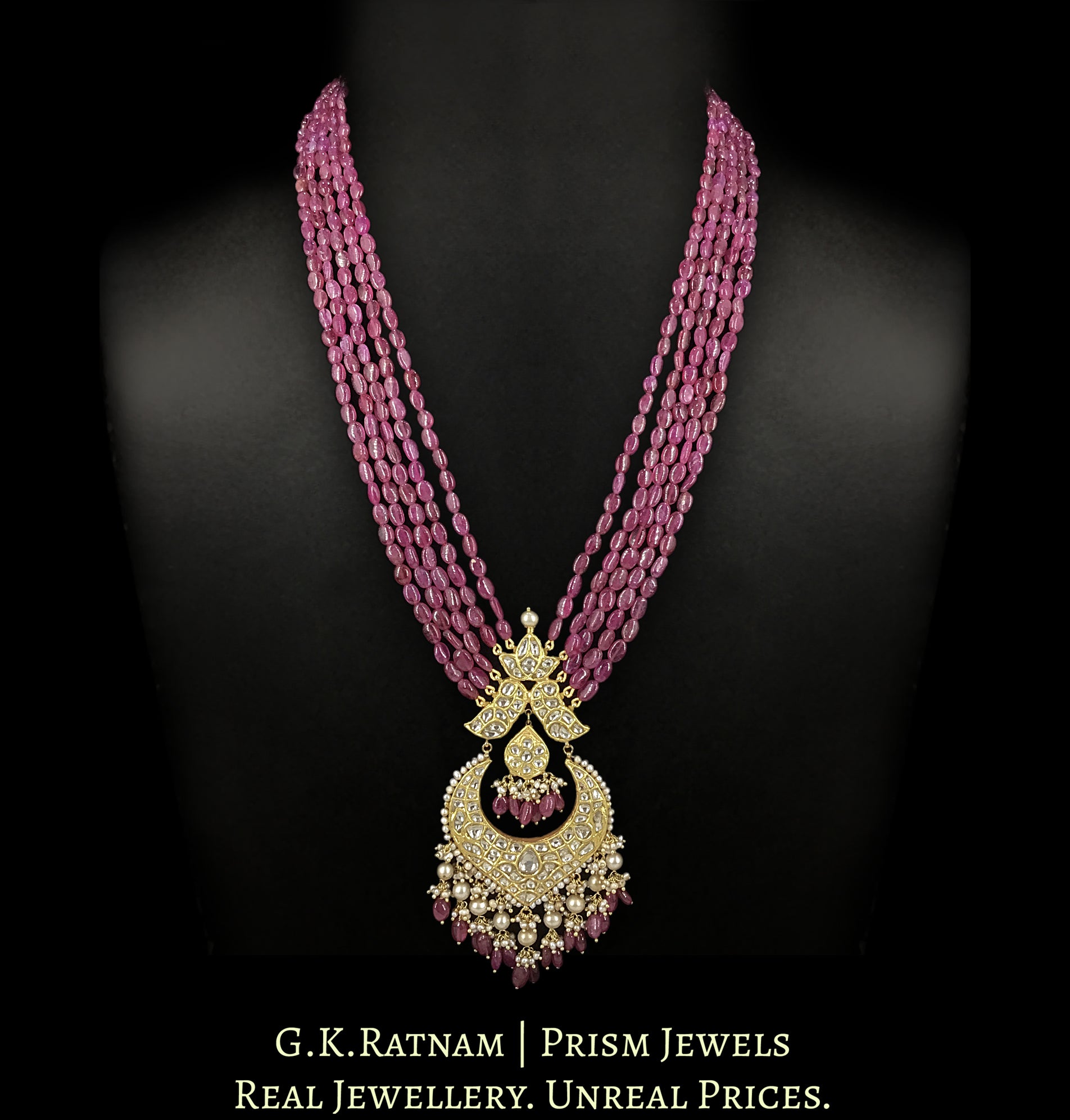 23k Gold and Diamond Polki Pendant with Natural (glass-filled) Rubies