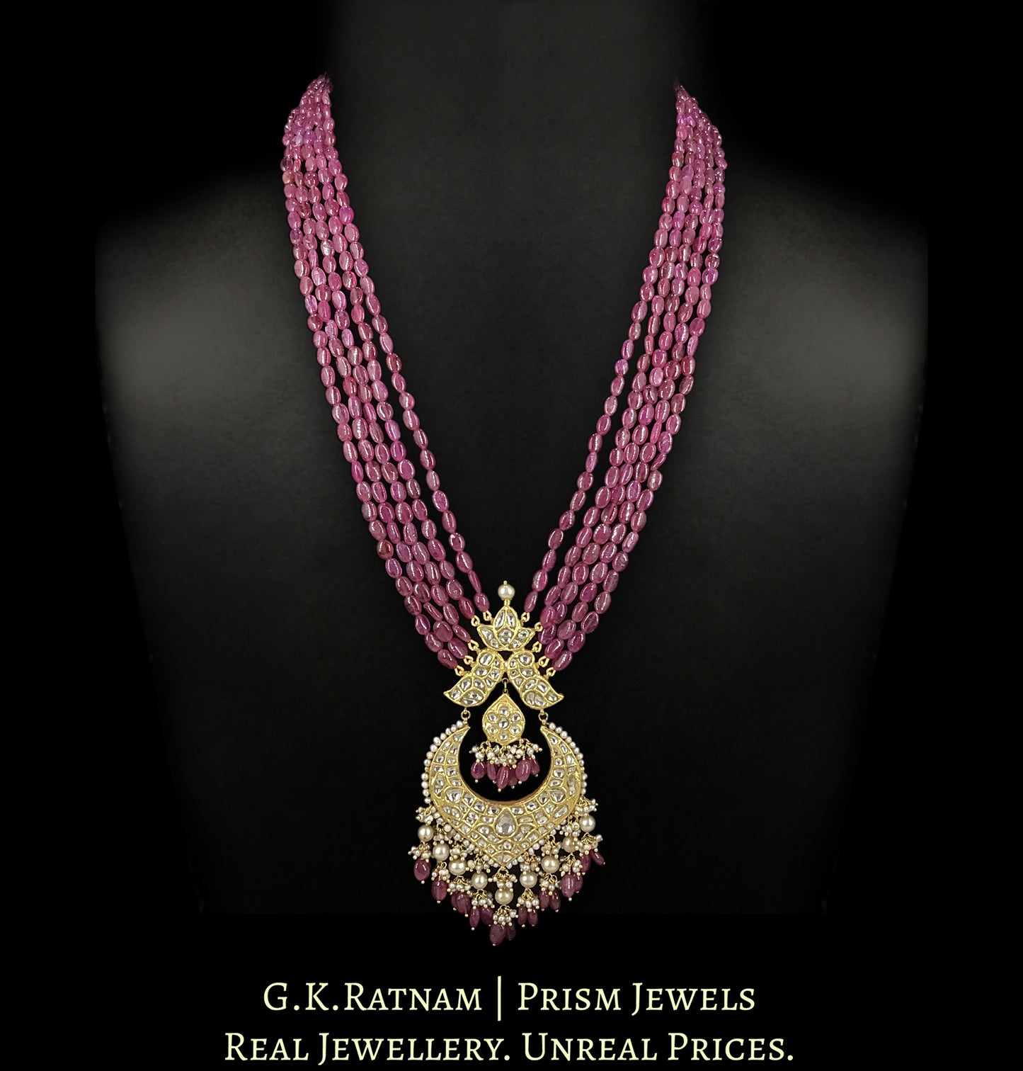 23k Gold and Diamond Polki Pendant with Natural (glass-filled) Rubies