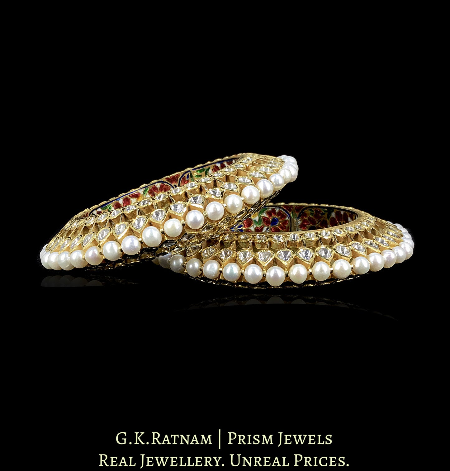 18k Gold and Diamond Polki Bangle Pair (Pacheli) with Hyderabadi Pearls