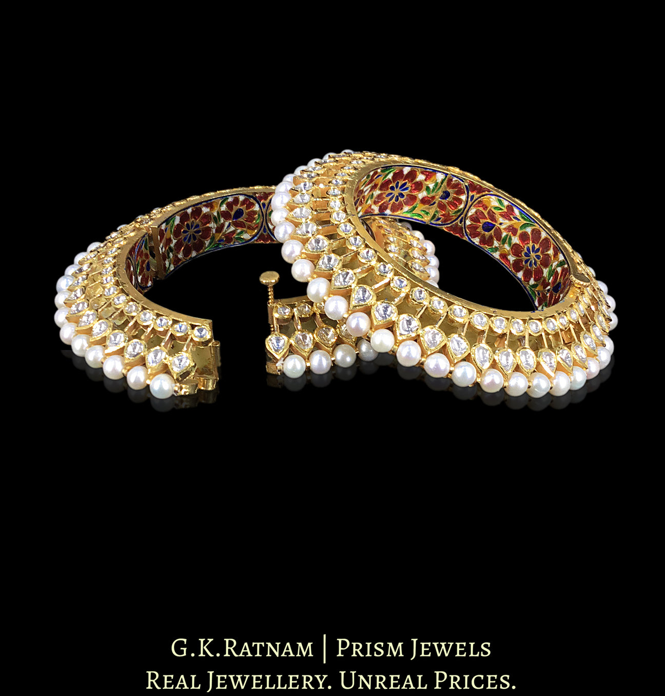 18k Gold and Diamond Polki Bangle Pair (Pacheli) with Hyderabadi Pearl