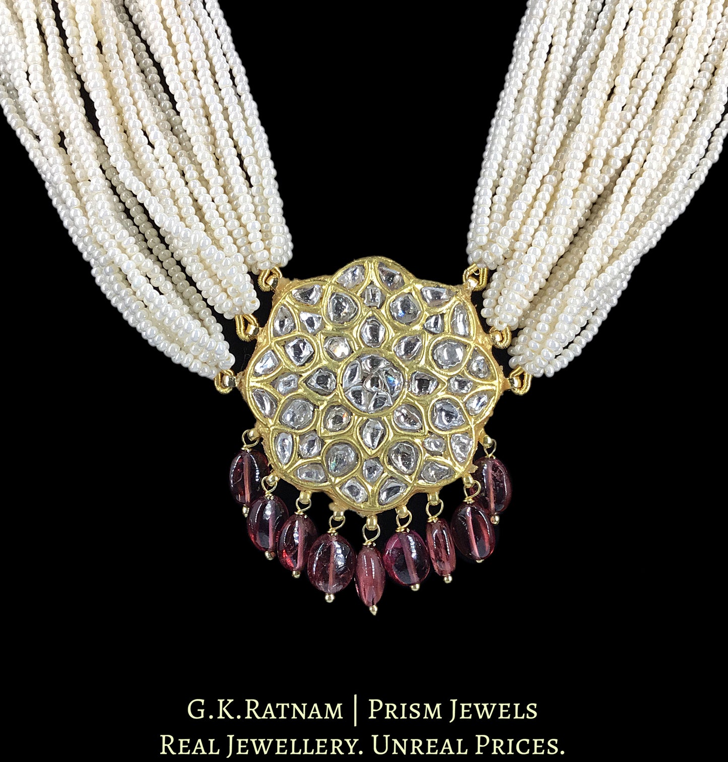 23k Gold and Diamond Polki Pendant Set with Mozambique Garnets