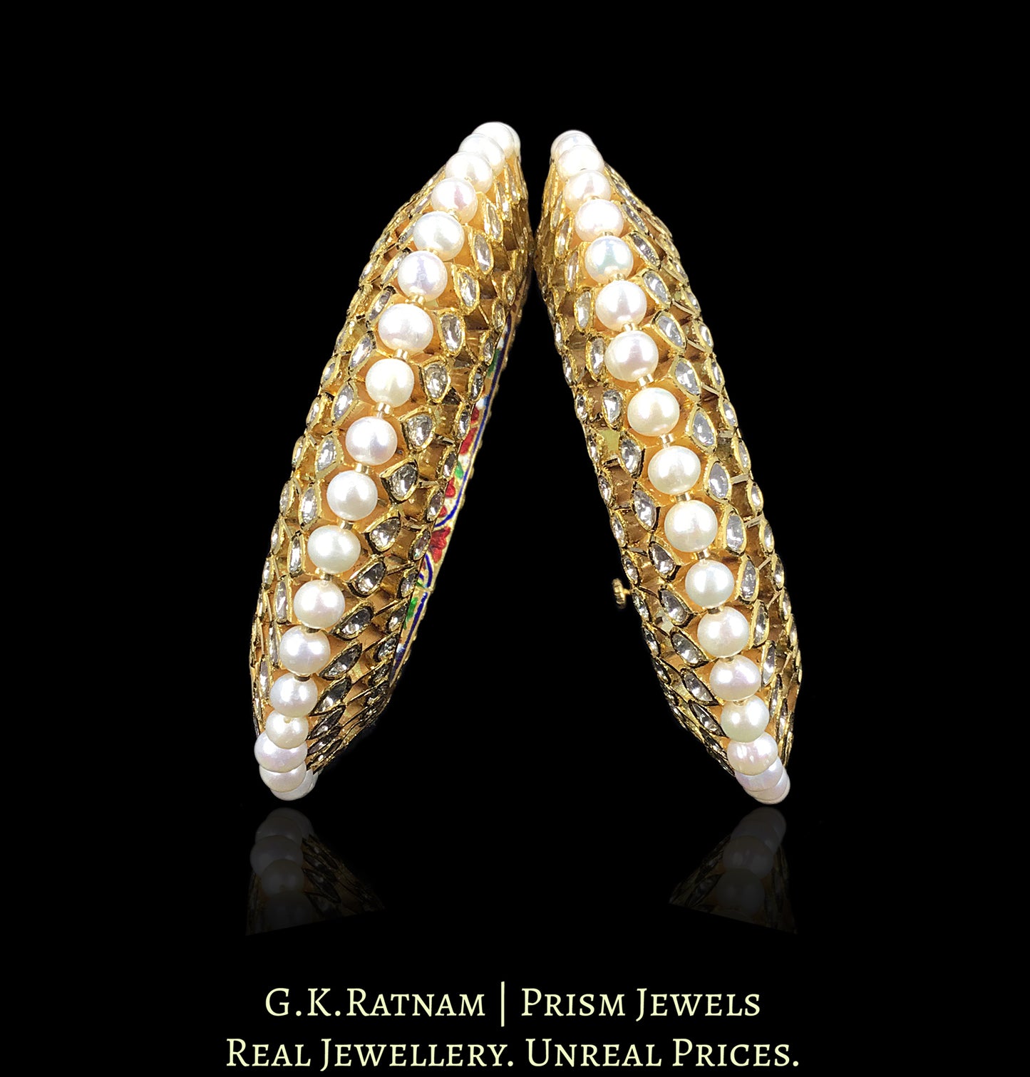 18k Gold and Diamond Polki Bangle Pair (Pacheli) with Hyderabadi Pearls