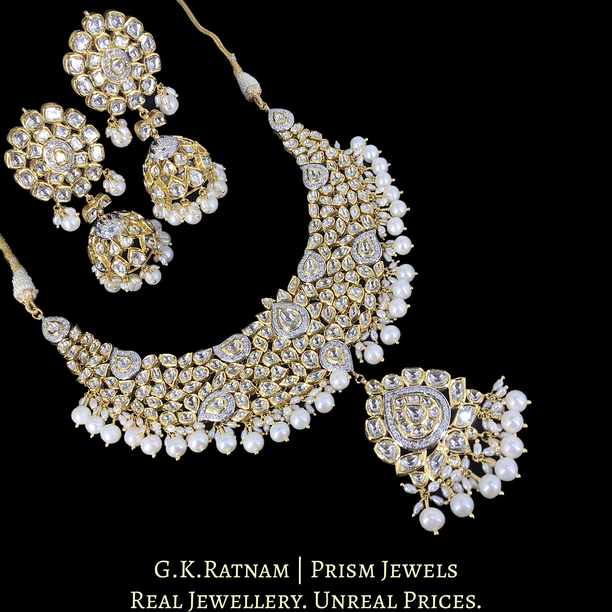 18k Gold And Diamond Polki Fusion Necklace Set enhanced with Natural Freshwater Pearls