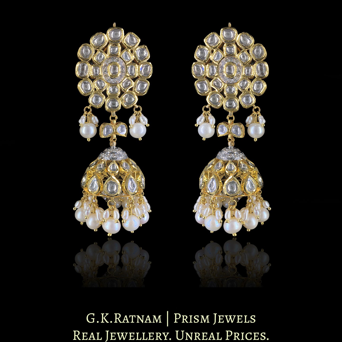 18k Gold And Diamond Polki Fusion Necklace Set enhanced with Natural Freshwater Pearls