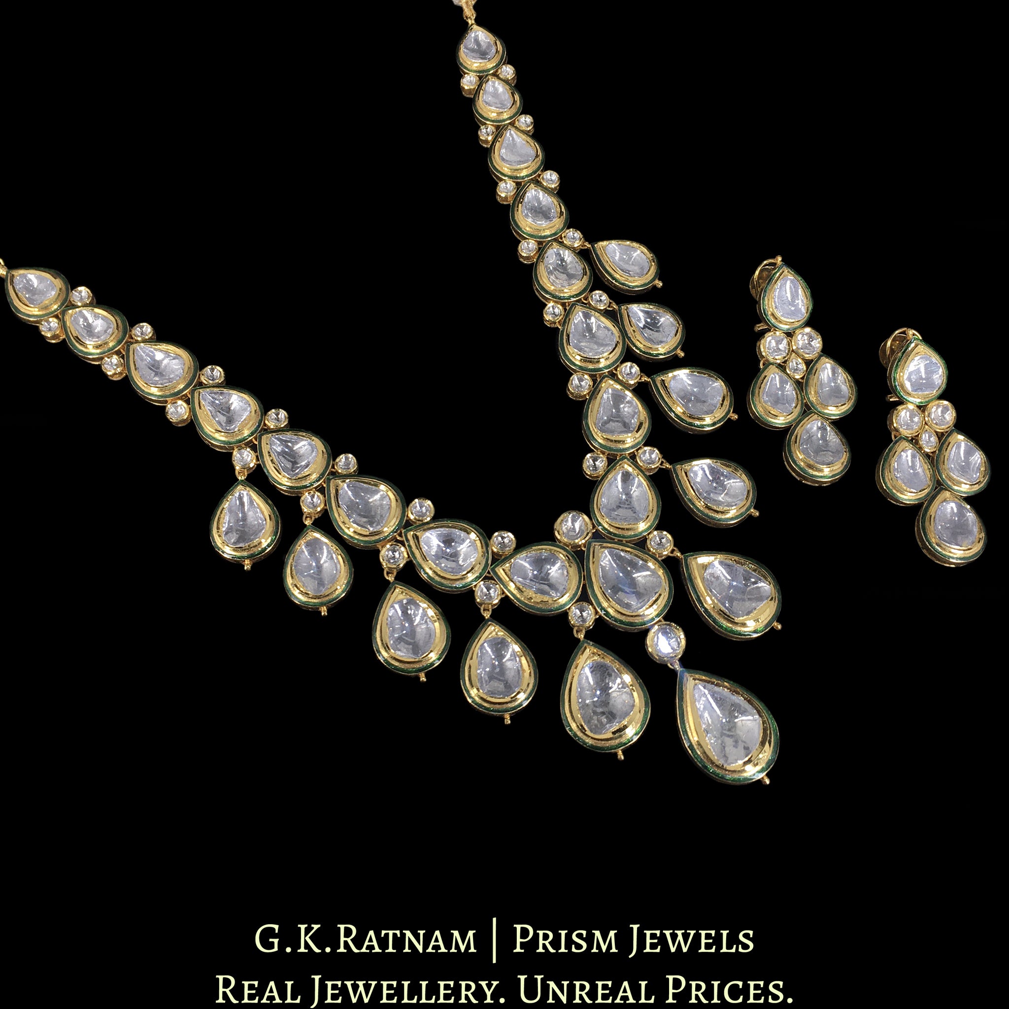 18k Gold and Diamond Polki Necklace Set with Green Enamel