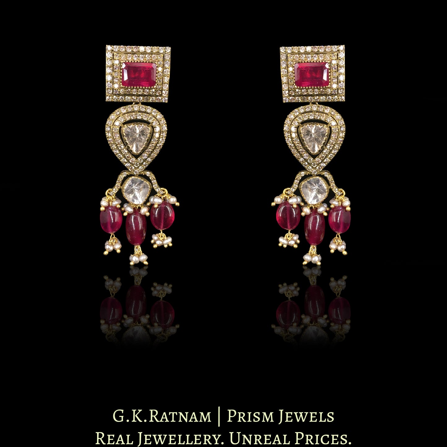 14k Gold and Diamond Polki Open Setting Necklace Set with Rubies