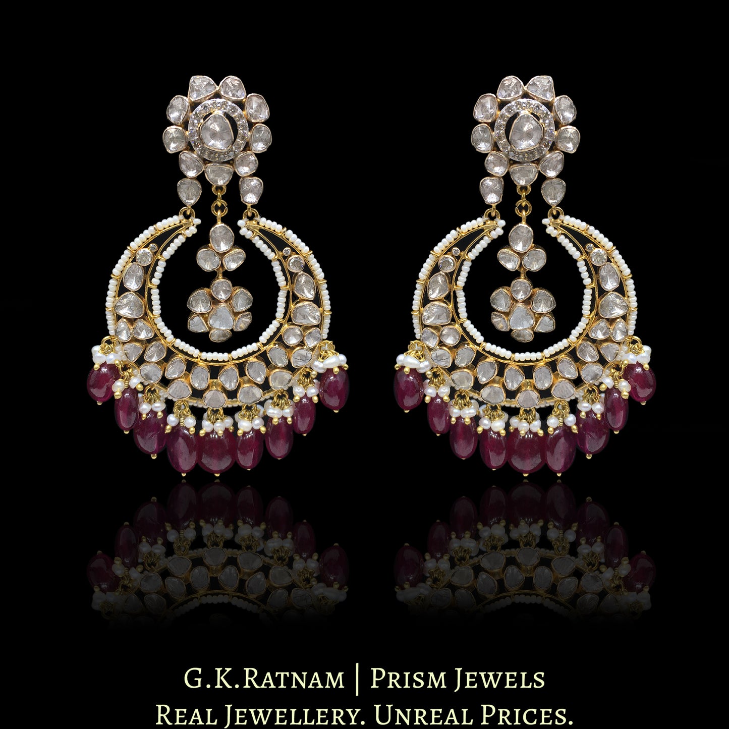 18k Gold and Diamond Polki Open Setting Necklace Set with Rubies and Natural Freshwater Pearls