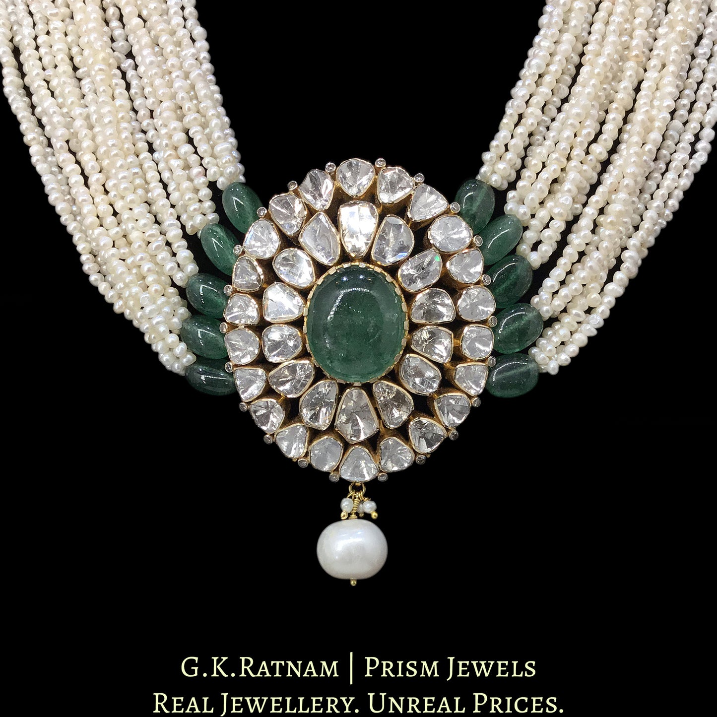 14k Gold and Diamond Polki Open Setting Pendant Set With Strawberry Quartz And Natural Freshwater Pearls - G. K. Ratnam