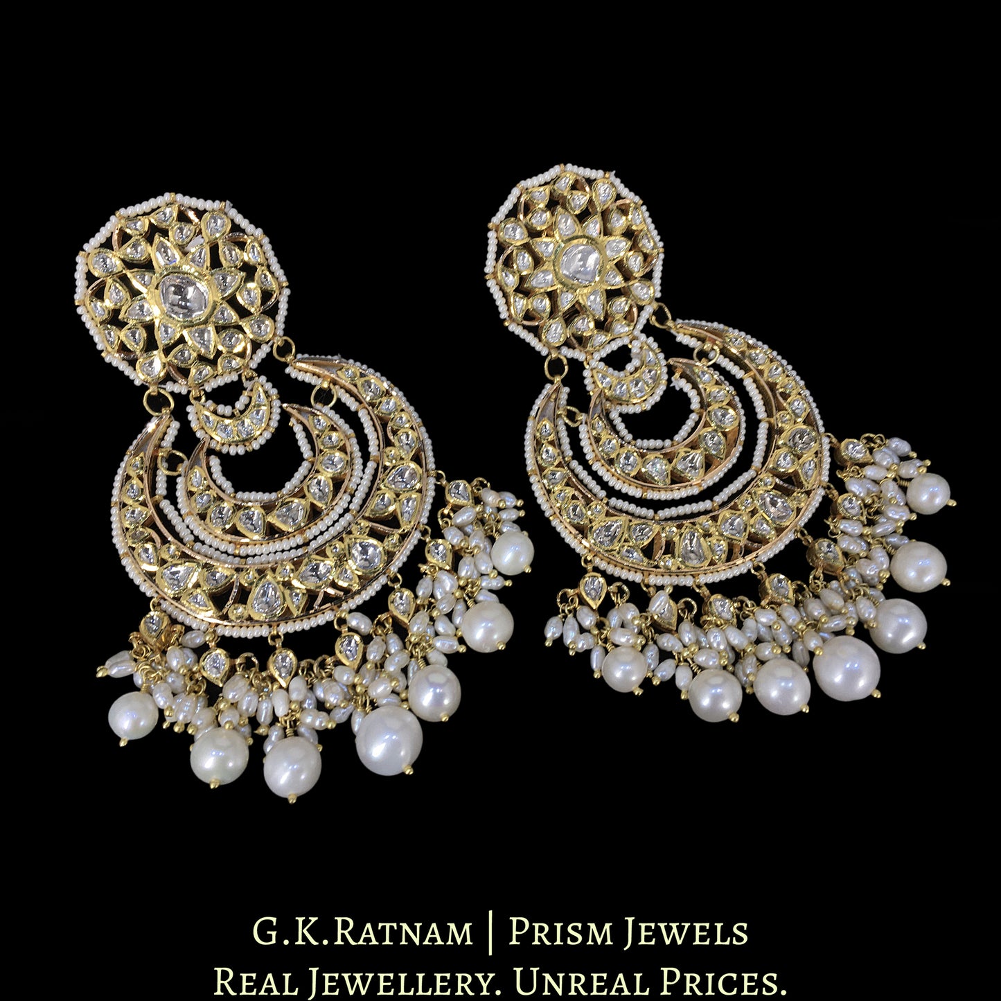 18k Gold and Diamond Polki Chand Bali Earring Pair with Natural Freshwater Pearls