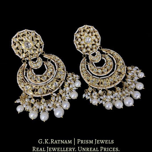 18k Gold and Diamond Polki Chand Bali Earring Pair with Natural Freshwater Pearls