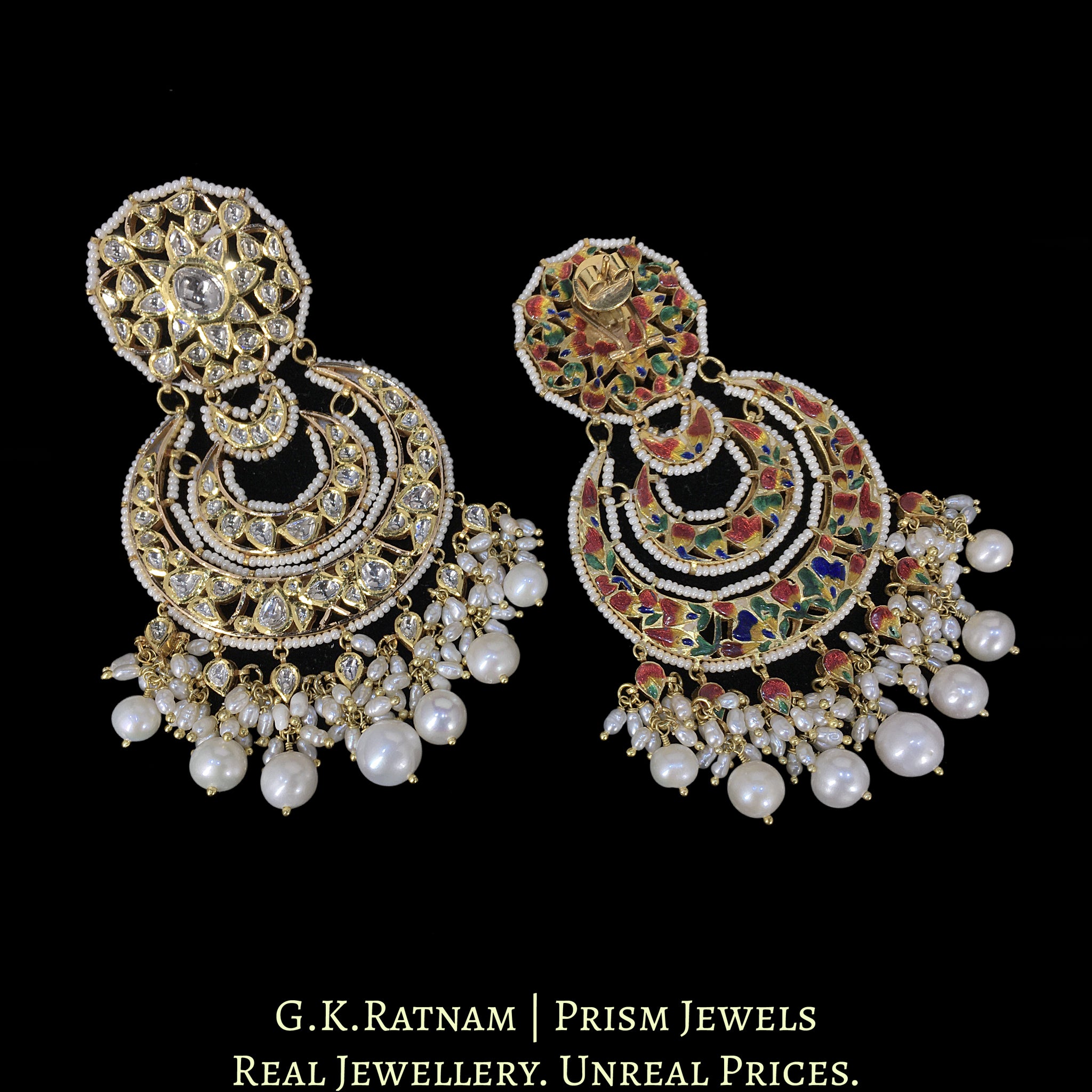 18k Gold and Diamond Polki Chand Bali Earring Pair with Natural Freshwater Pearls