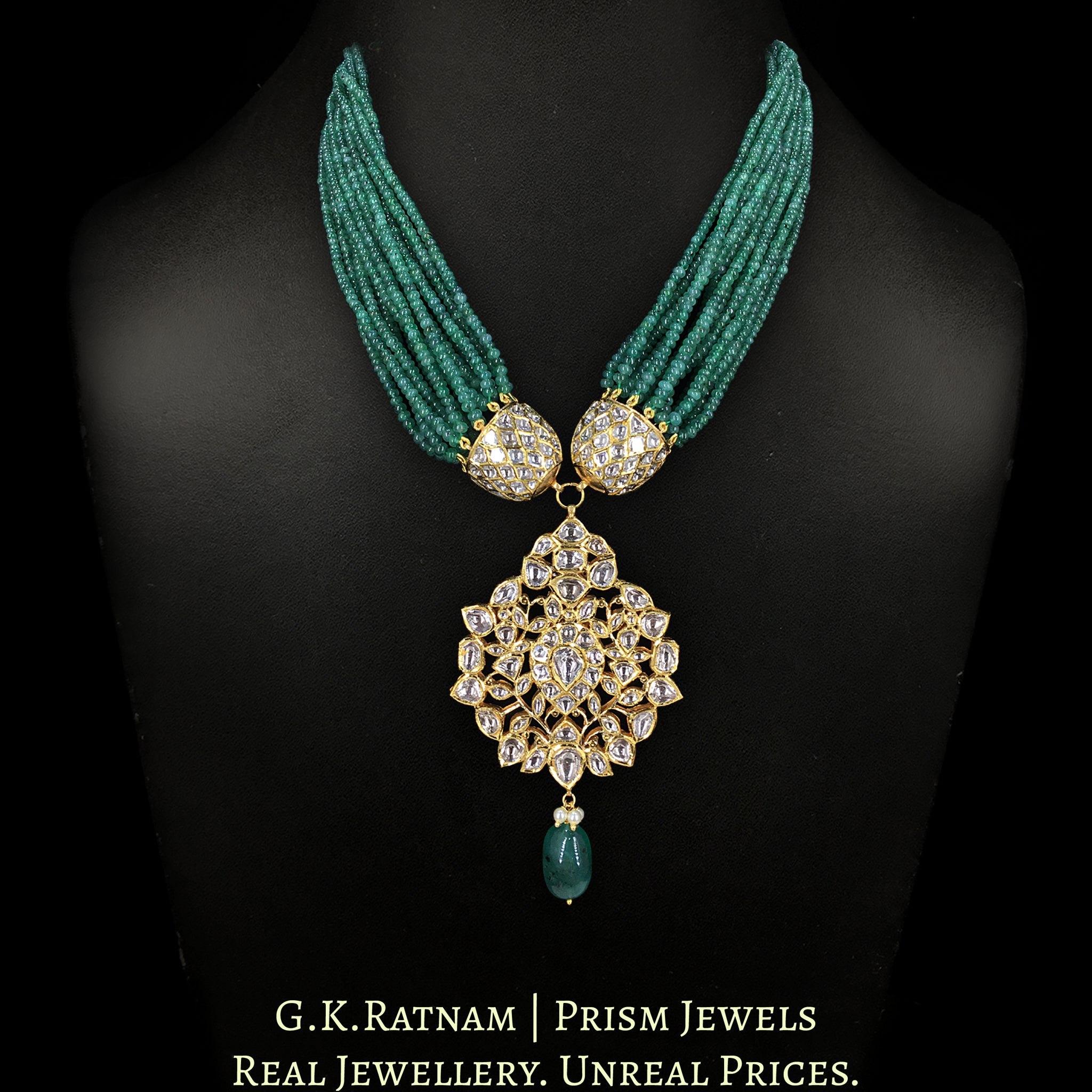 18k Gold and Diamond Polki Pendant Set enhanced with Natural Emerald Bunches