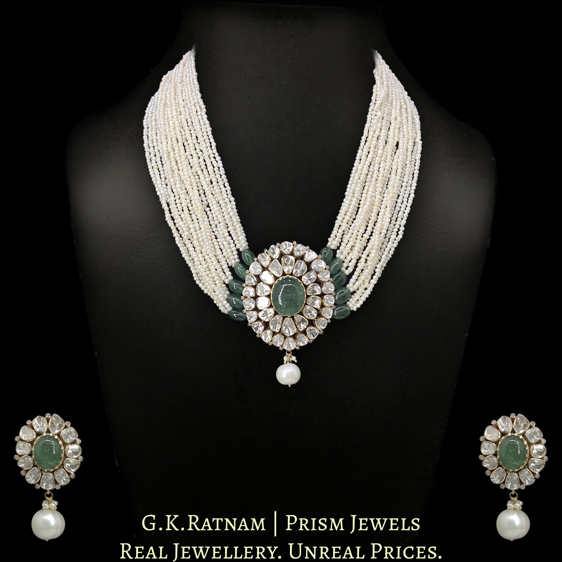 14k Gold and Diamond Polki Open Setting Pendant Set With Strawberry Quartz And Natural Freshwater Pearls - G. K. Ratnam