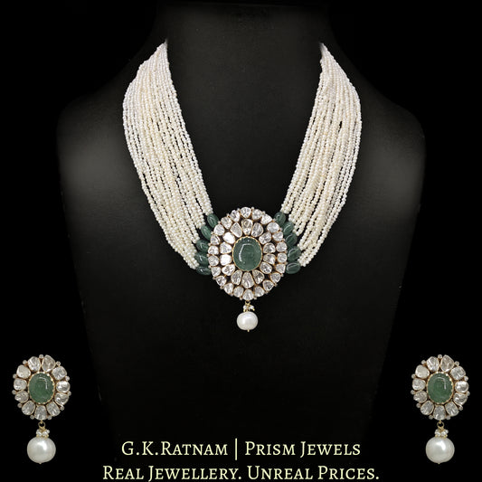 14k Gold and Diamond Polki Open Setting Pendant Set With Strawberry Quartz And Natural Freshwater Pearls - G. K. Ratnam