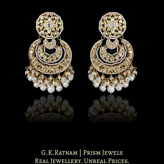 18k Gold and Diamond Polki Chand Bali Earring Pair with Natural Freshwater Pearls