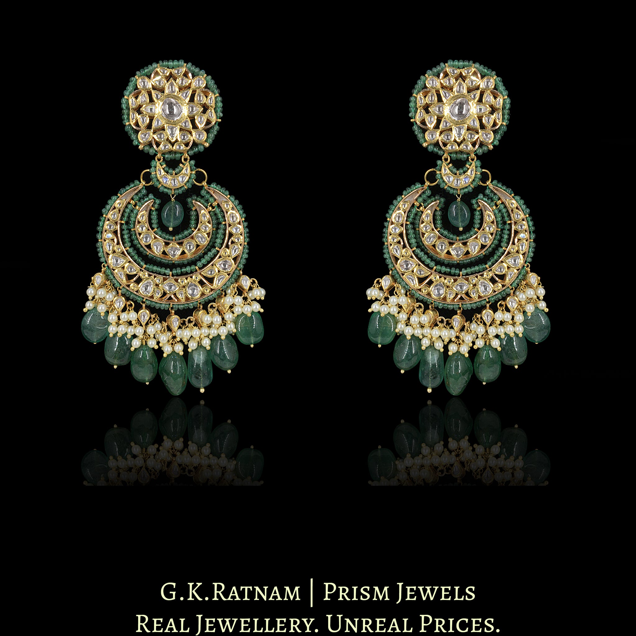 18k Gold and Diamond Polki Pendant Set enhanced with Natural Emerald Bunches