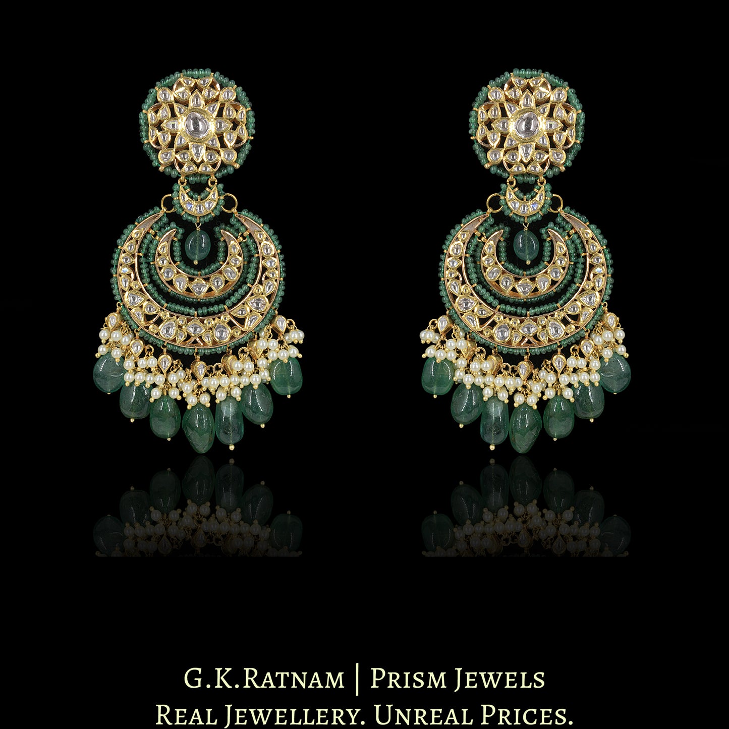 18k Gold and Diamond Polki Pendant Set enhanced with Natural Emerald Bunches - G. K. Ratnam