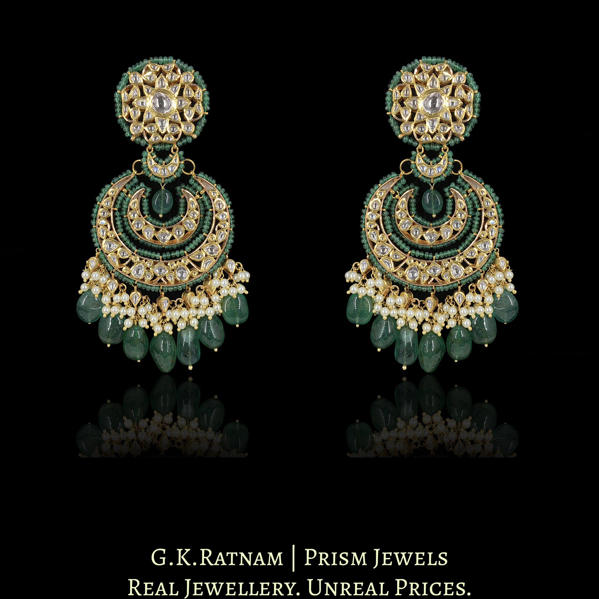18k Gold and Diamond Polki Pendant Set enhanced with Natural Emerald Bunches - G. K. Ratnam
