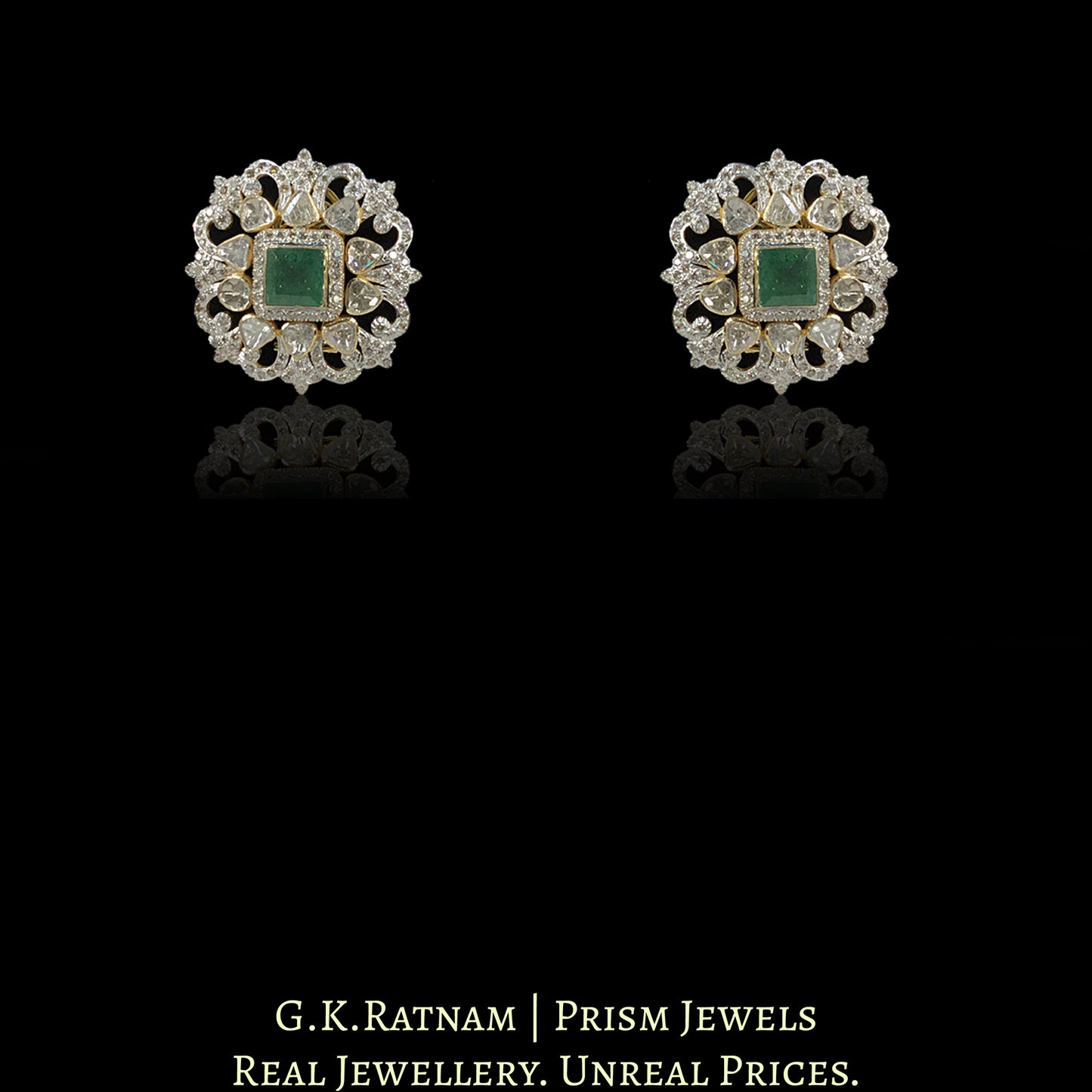 18k Gold and Diamond Polki Open Setting Choker Necklace Set with emerald-grade Green Beryls and Chid Bunches - G. K. Ratnam