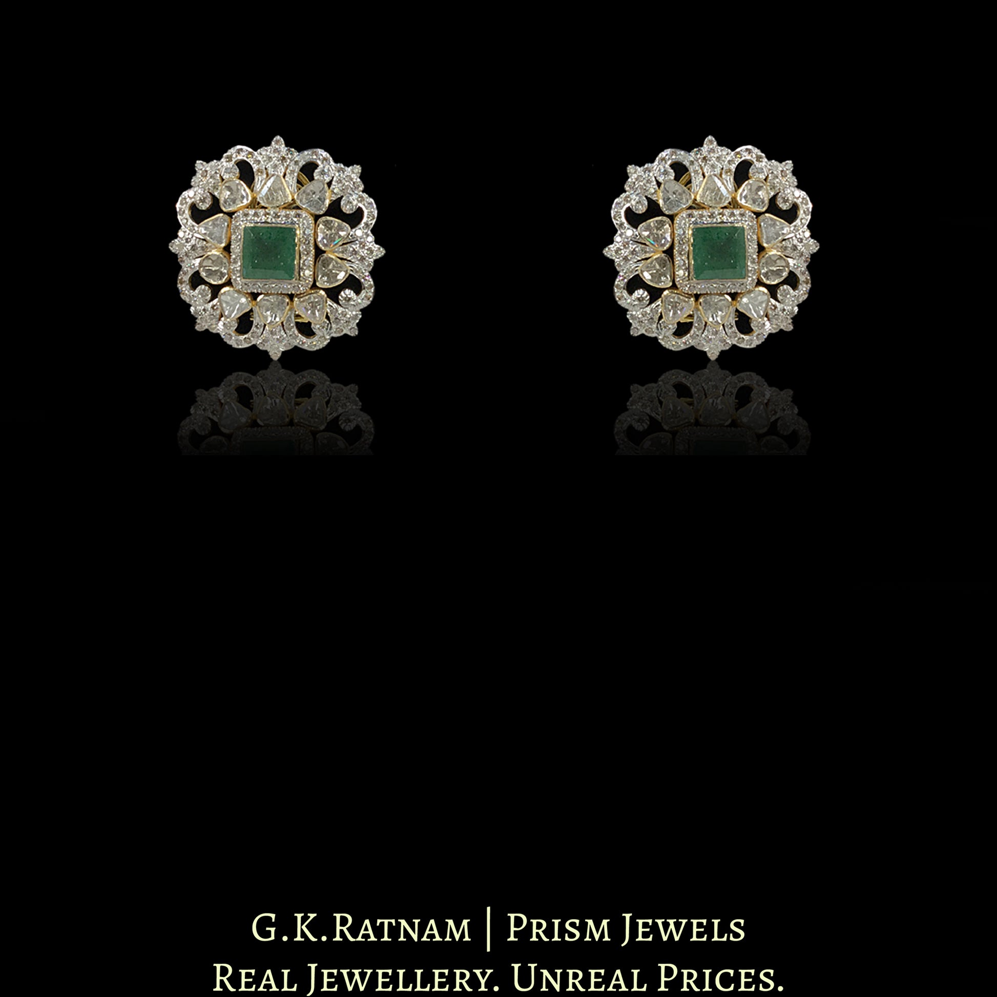 18k Gold and Diamond Polki Open Setting Choker Necklace Set with emerald-grade Green Beryls and Chid Bunches - G. K. Ratnam