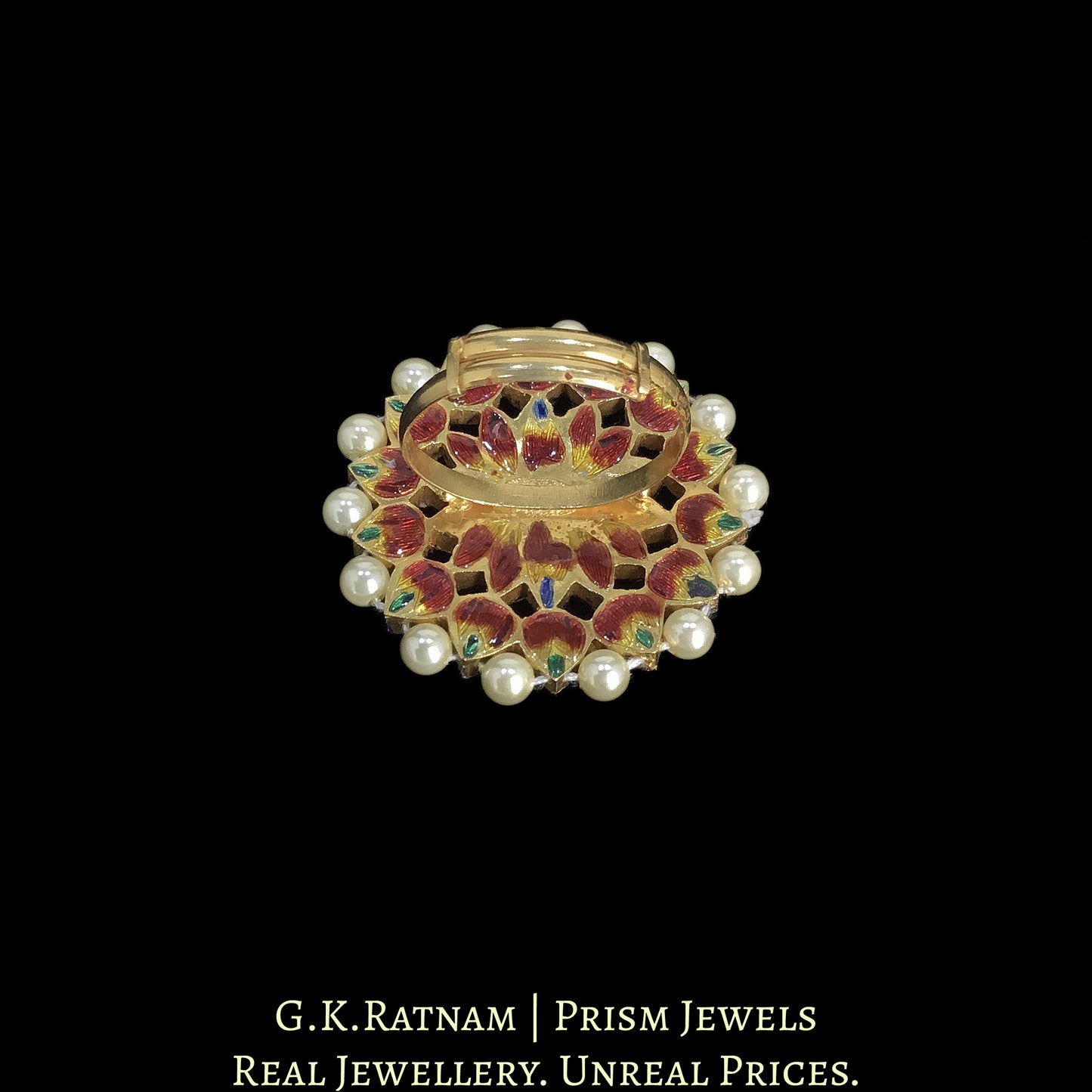 18k Gold and Diamond Polki Cocktail Ring with Pearl Rimming - G. K. Ratnam