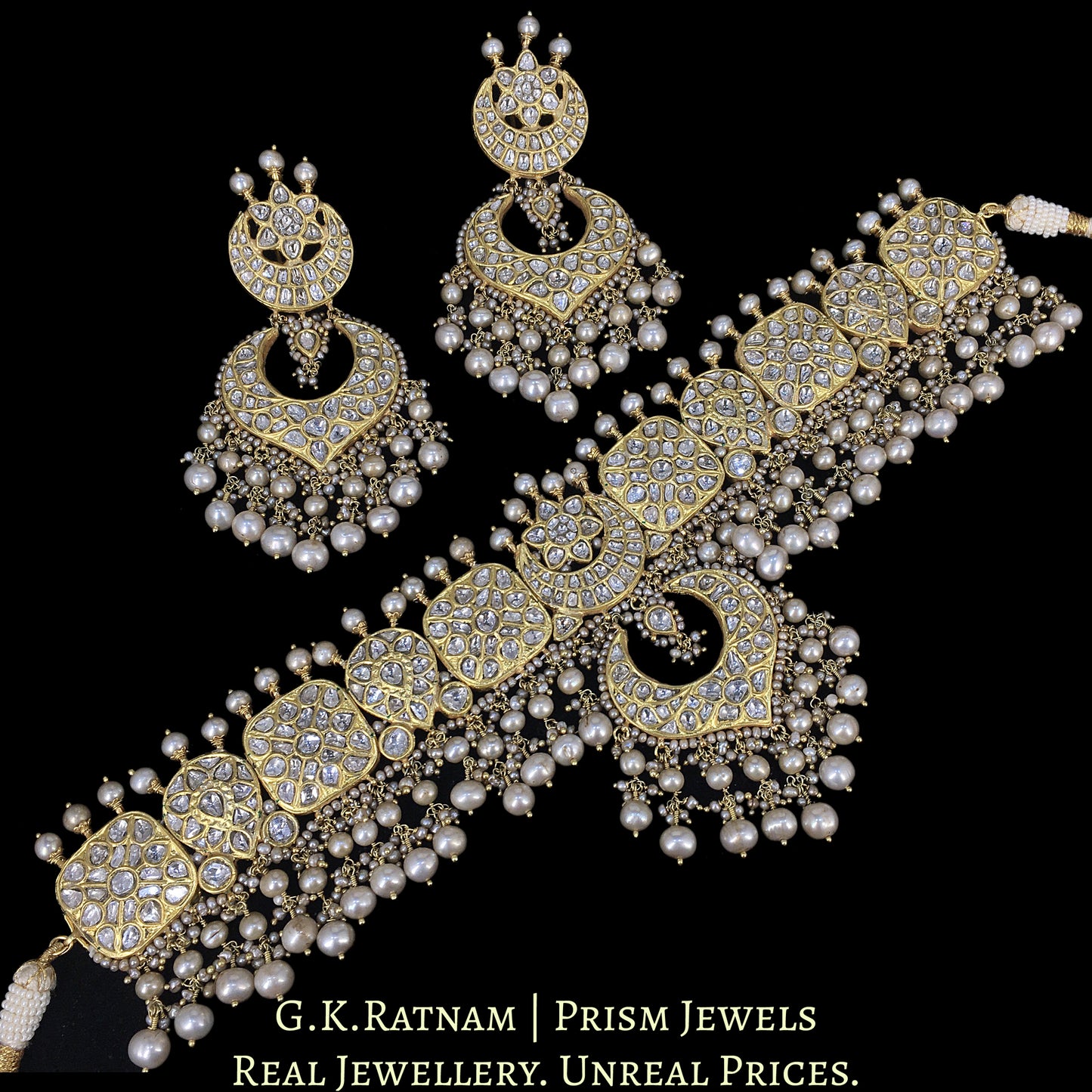 23k Gold and Diamond Polki Choker Necklace Set With Antiqued Hyderabadi Pearls