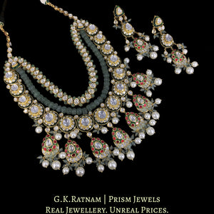 18k Gold and Diamond Polki Long Necklace Set with Pearls and Strawberry Quartz