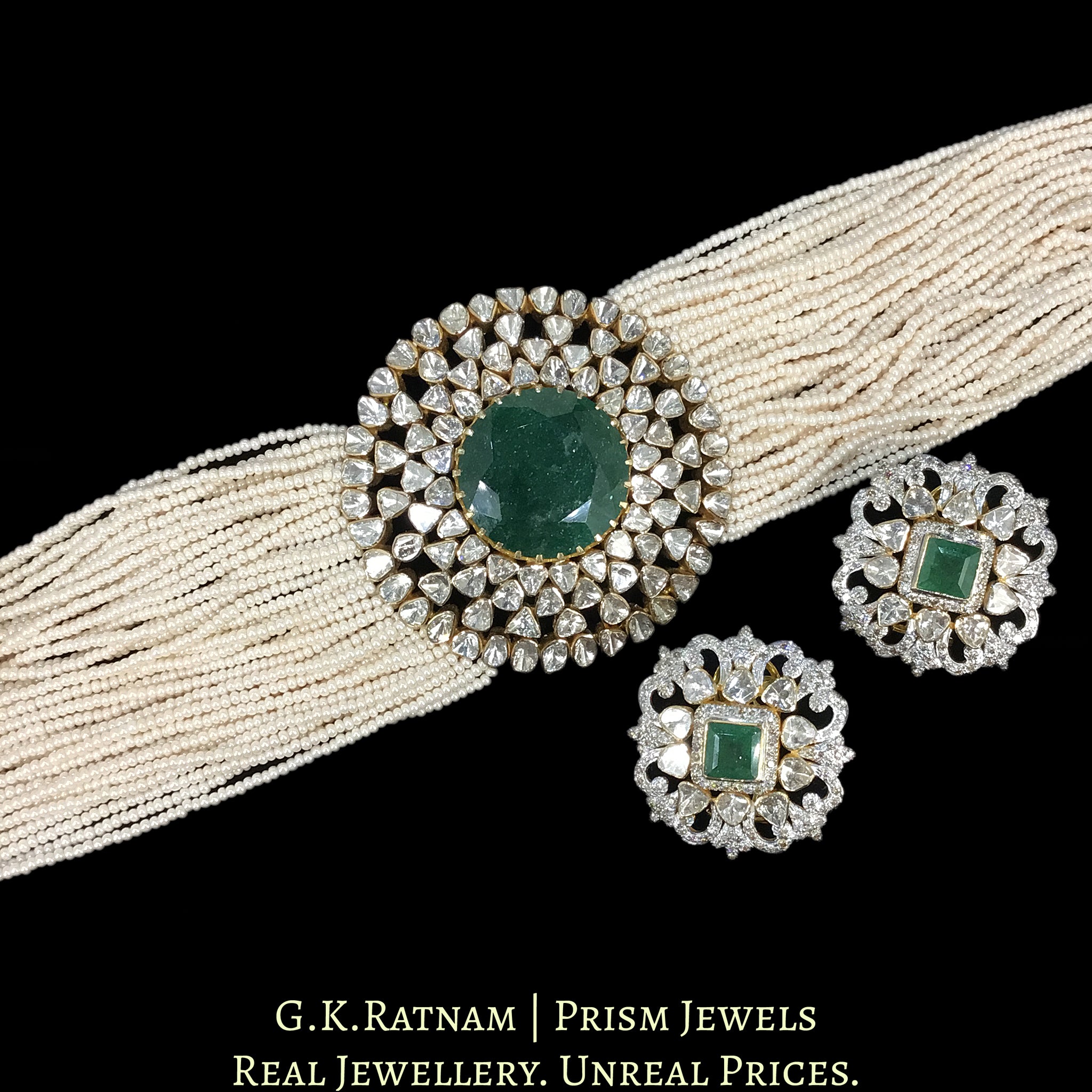 18k Gold and Diamond Polki Open Setting Choker Necklace Set with emerald-grade Green Beryls and Chid Bunches