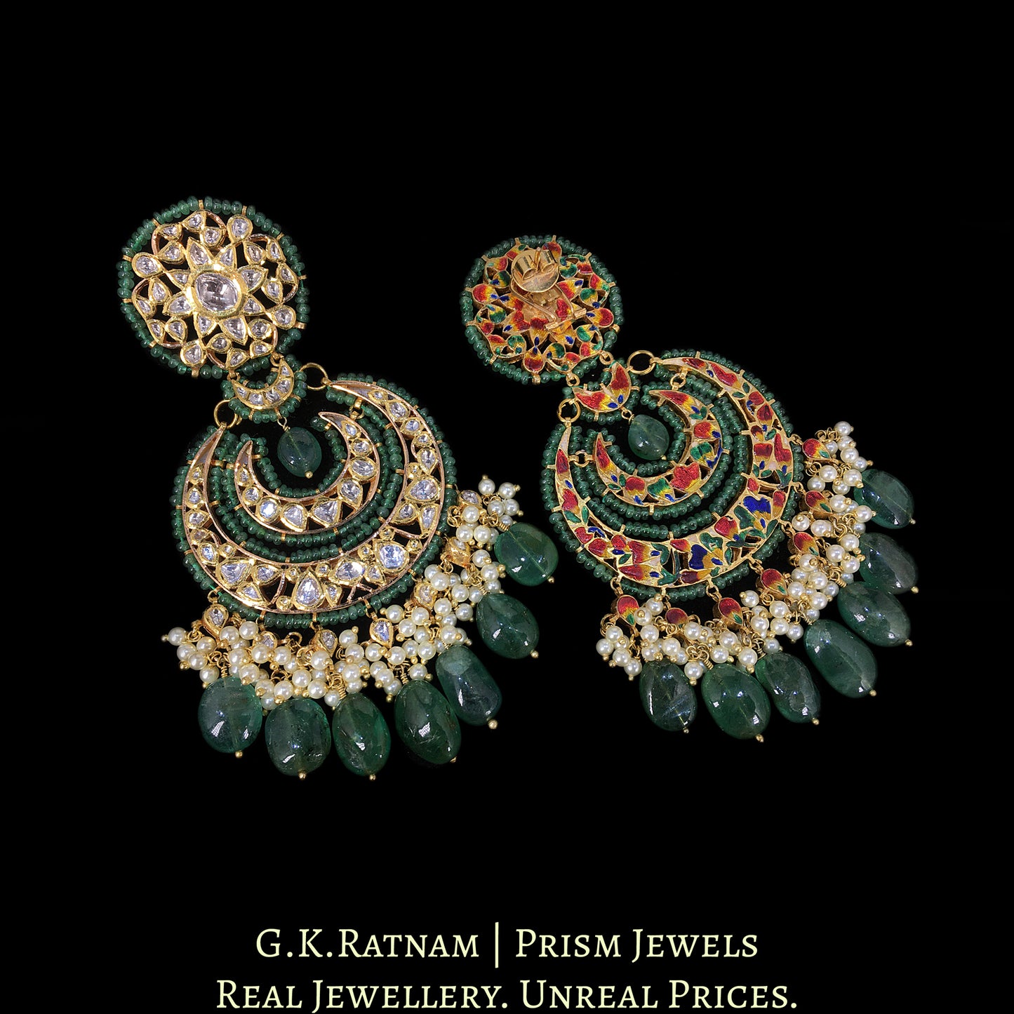 18k Gold and Diamond Polki Pendant Set enhanced with Natural Emerald Bunches - G. K. Ratnam