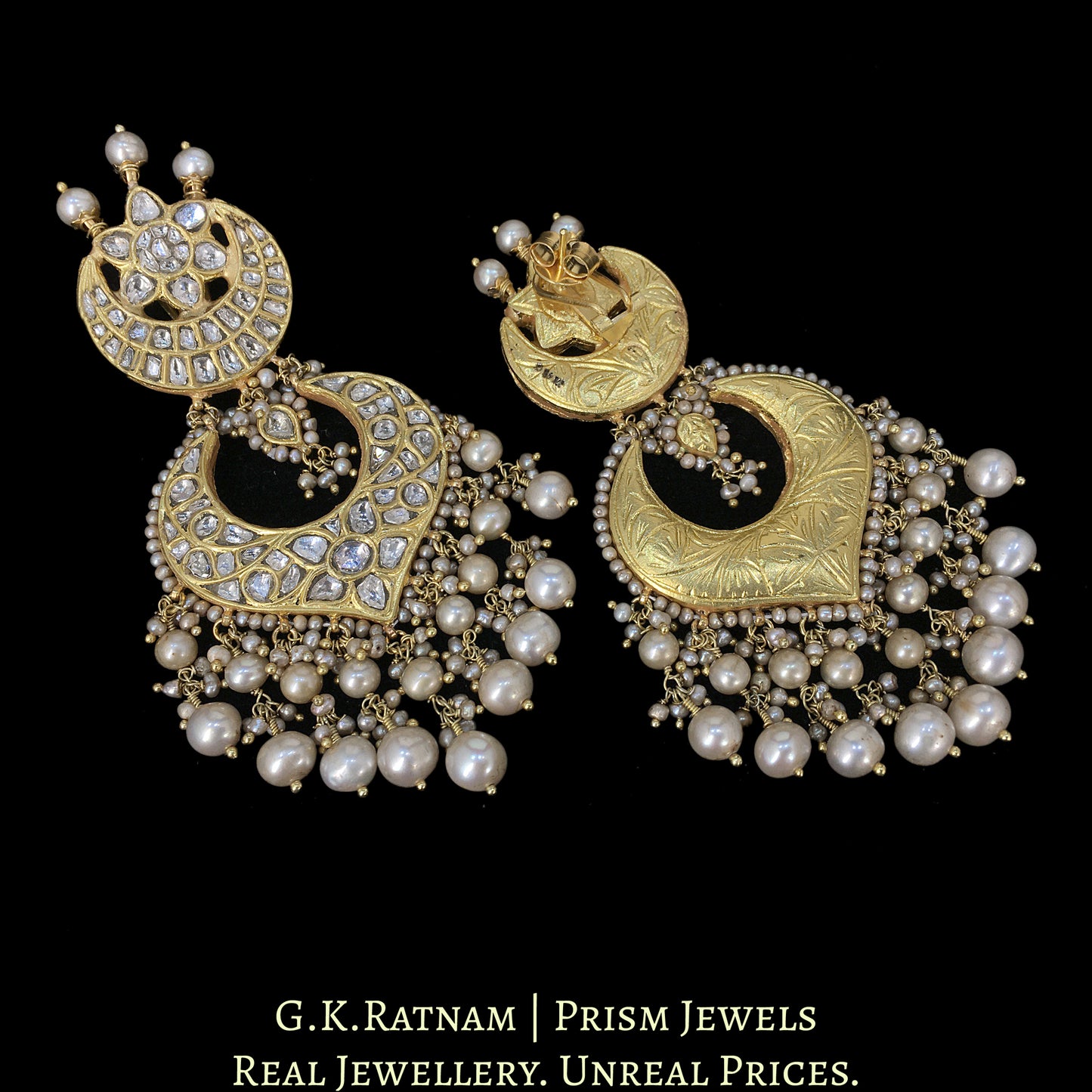 23k Gold and Diamond Polki Choker Necklace Set With Antiqued Hyderabadi Pearls