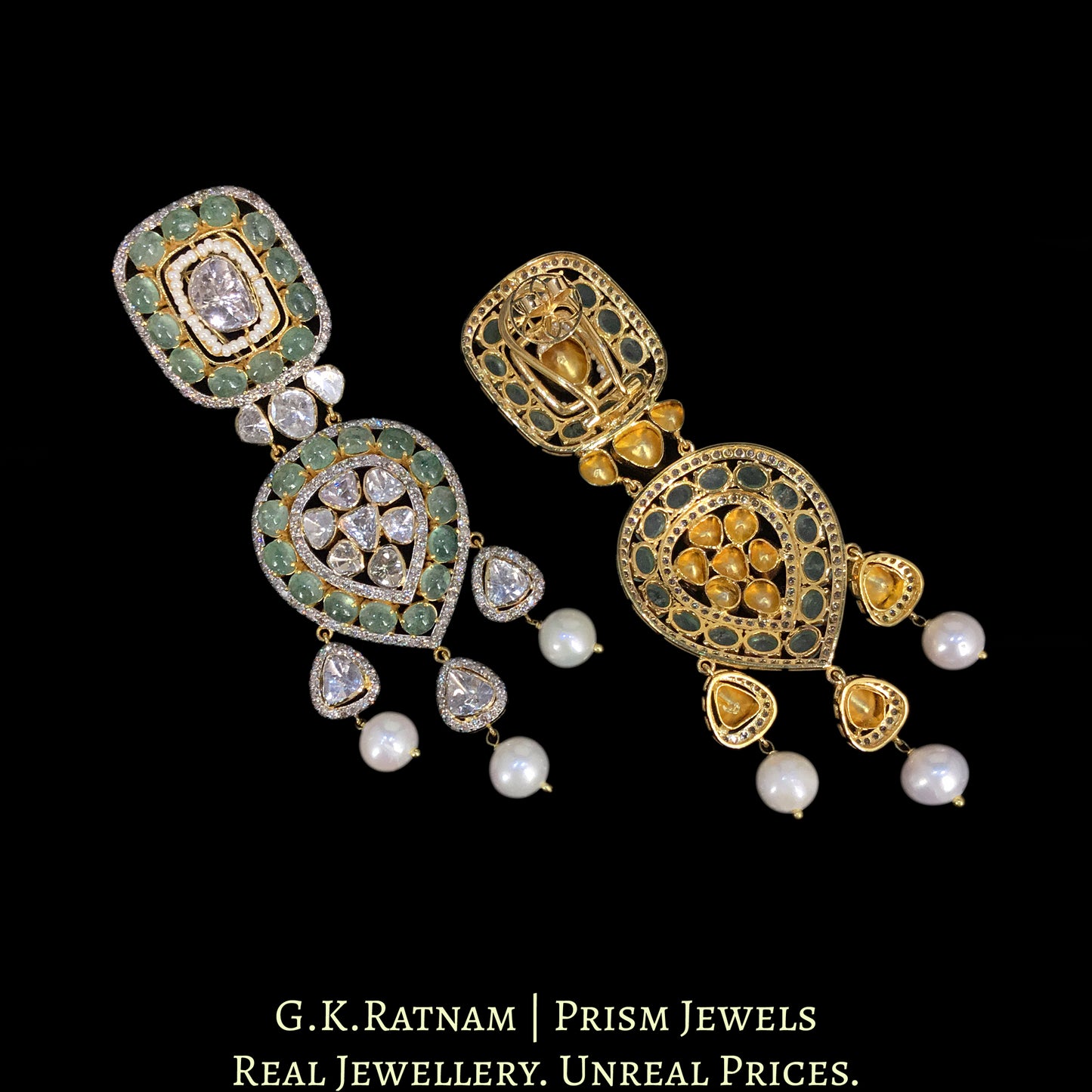 18k Gold and Diamond Polki Open Setting Necklace Set with emerald-grade cabochons