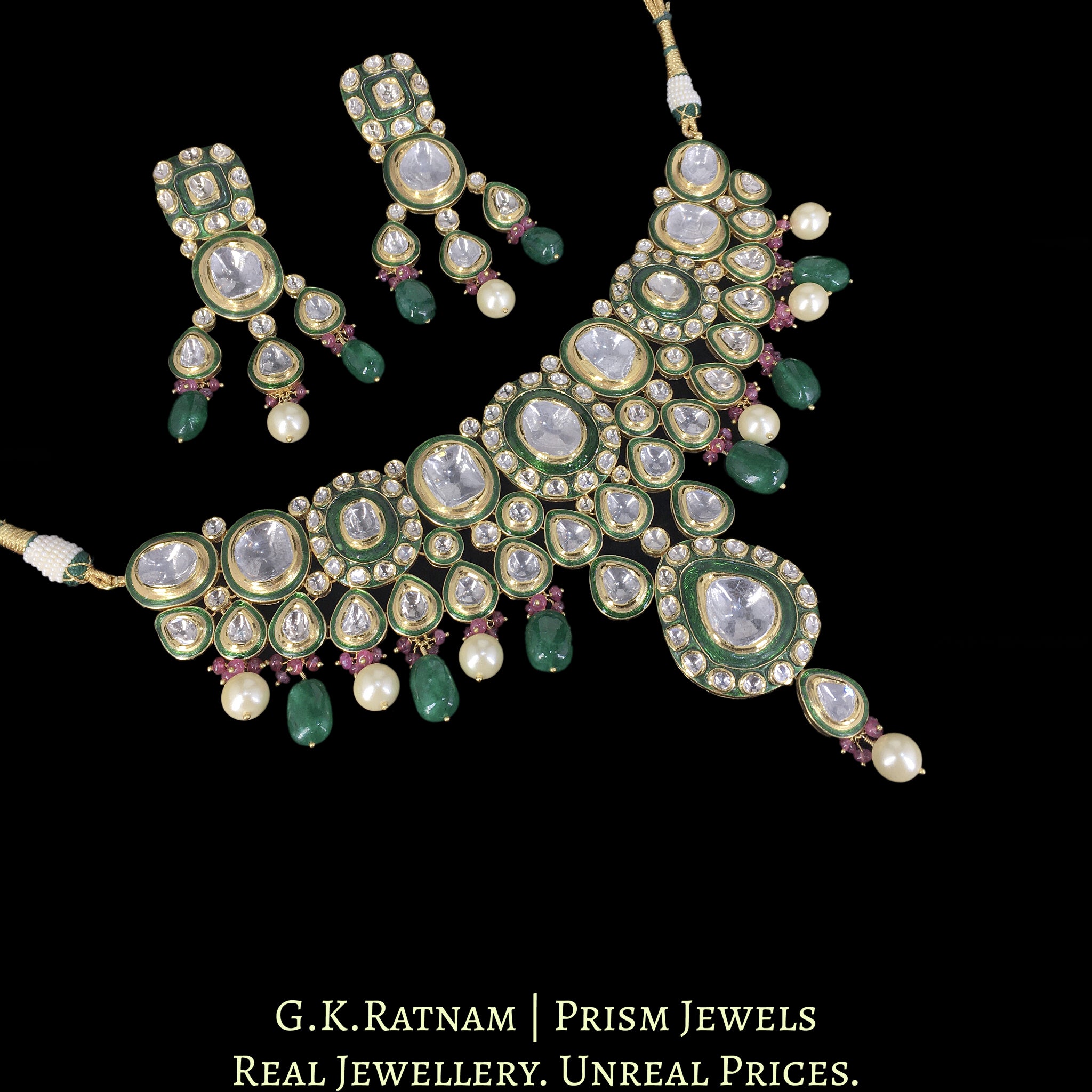 18k Gold and Diamond Polki Choker Necklace Set with emerald-grade Beryls and south-sea-like Pearls