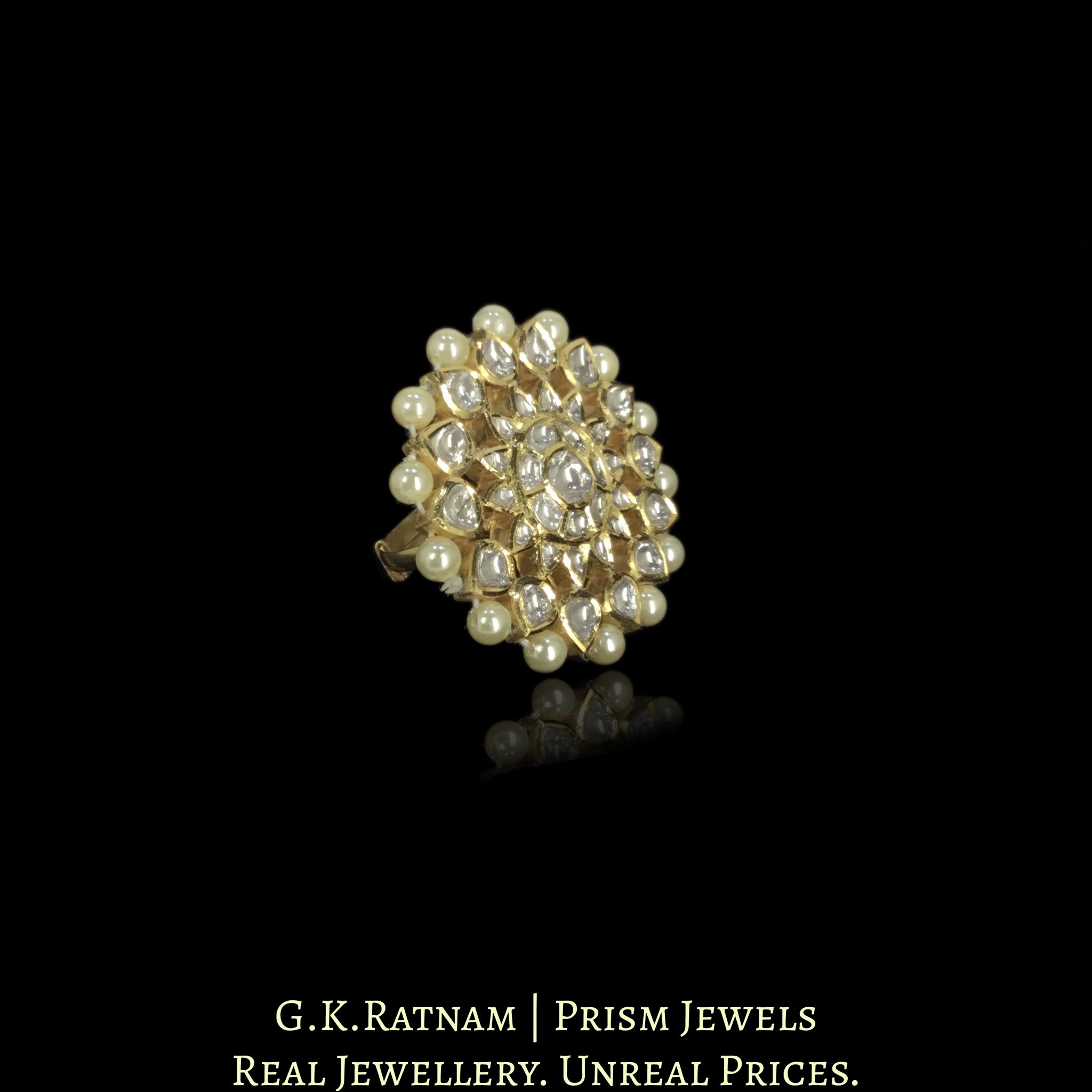 18k Gold and Diamond Polki Cocktail Ring with Pearl Rimming