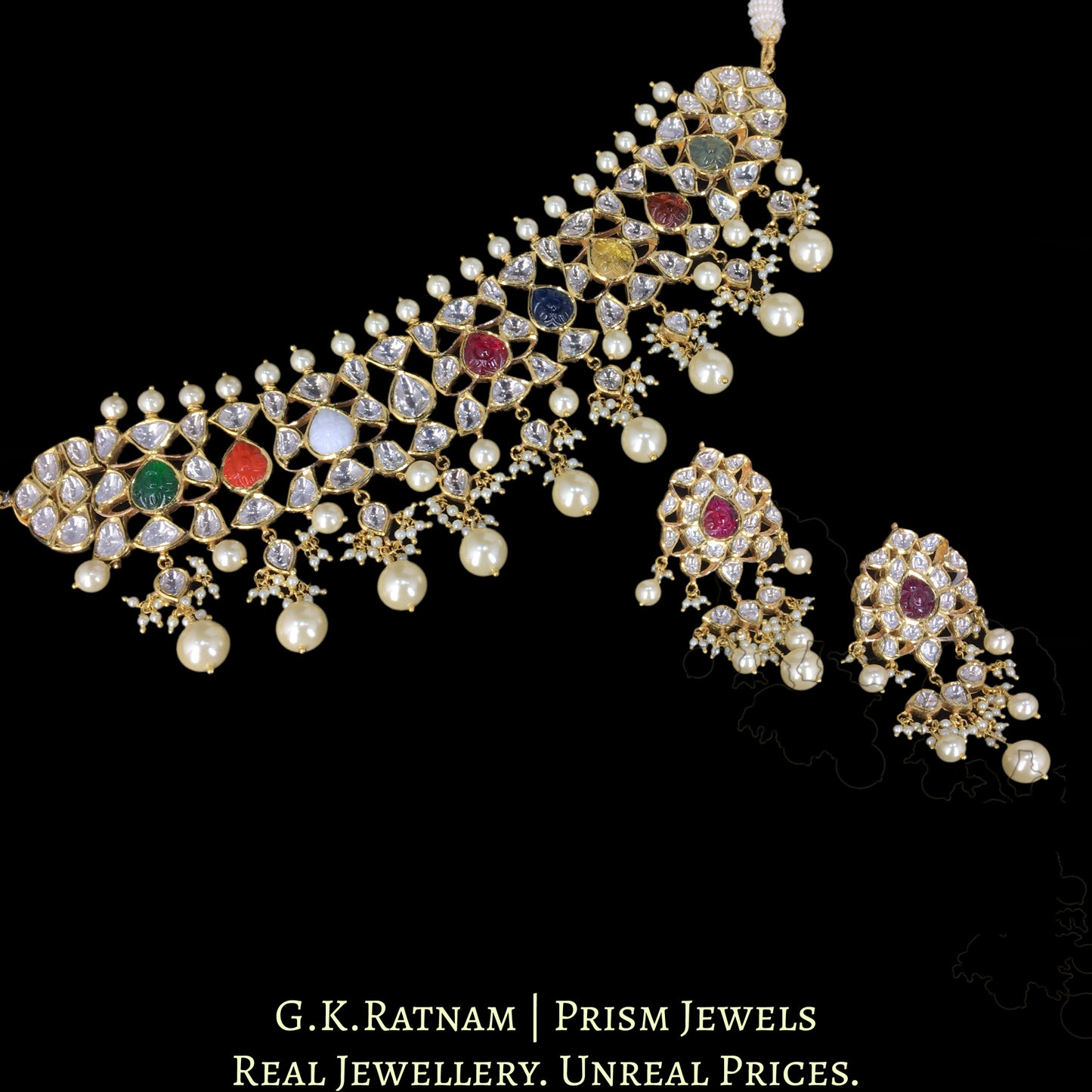 18k Gold and Diamond Polki Navratna Choker Necklace Set
