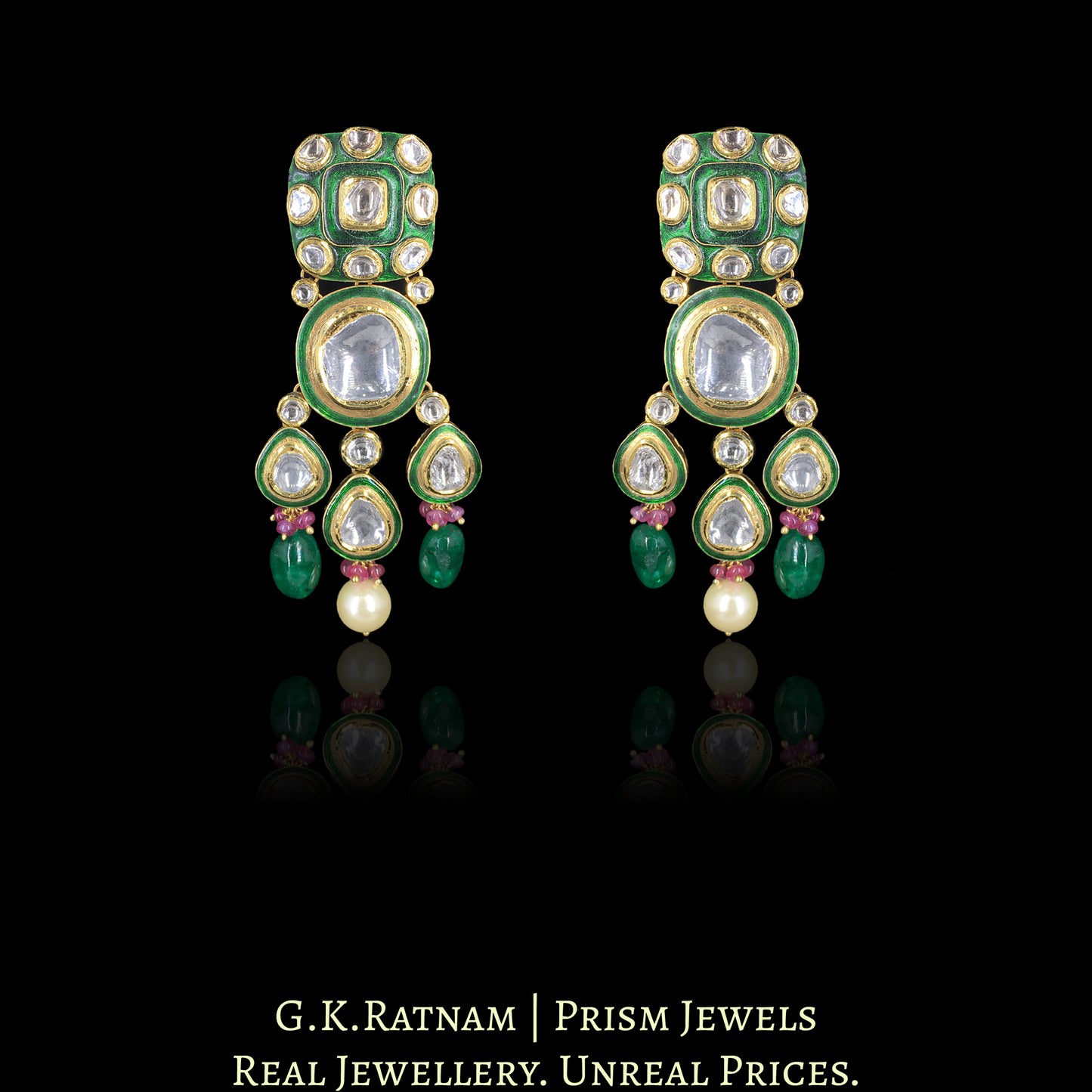 18k Gold and Diamond Polki Choker Necklace Set with emerald-grade Beryls and south-sea-like Pearls