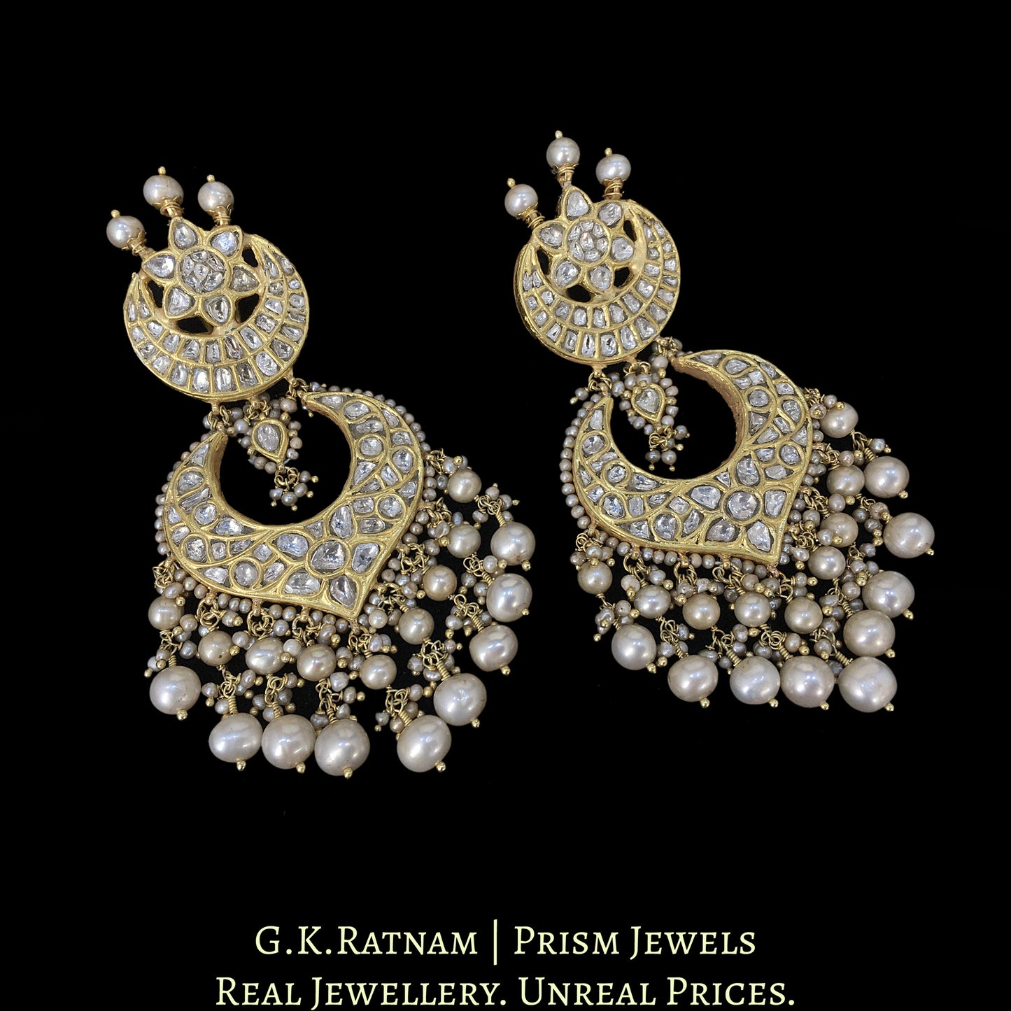 23k Gold and Diamond Polki Choker Necklace Set With Antiqued Hyderabadi Pearls