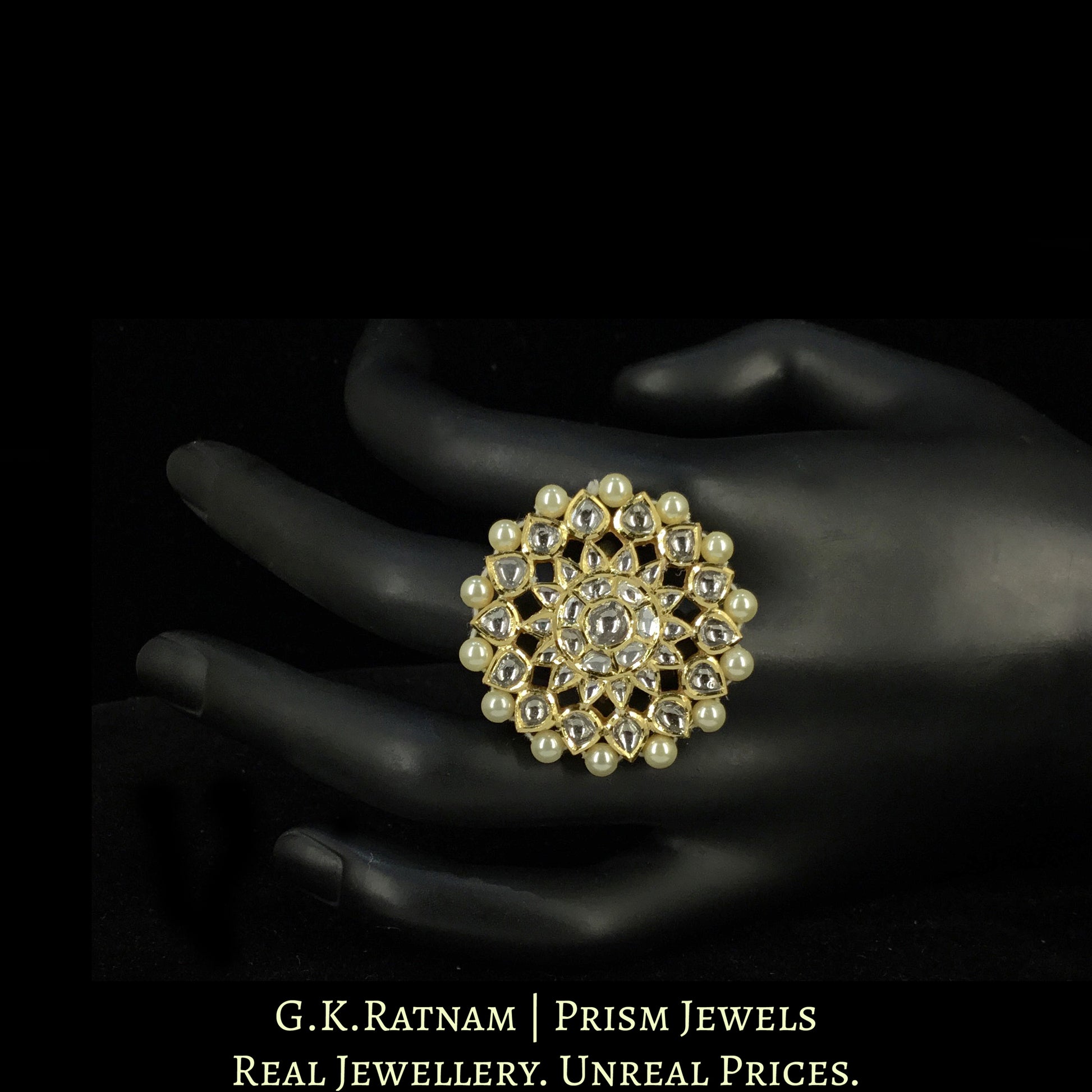 18k Gold and Diamond Polki Cocktail Ring with Pearl Rimming - G. K. Ratnam