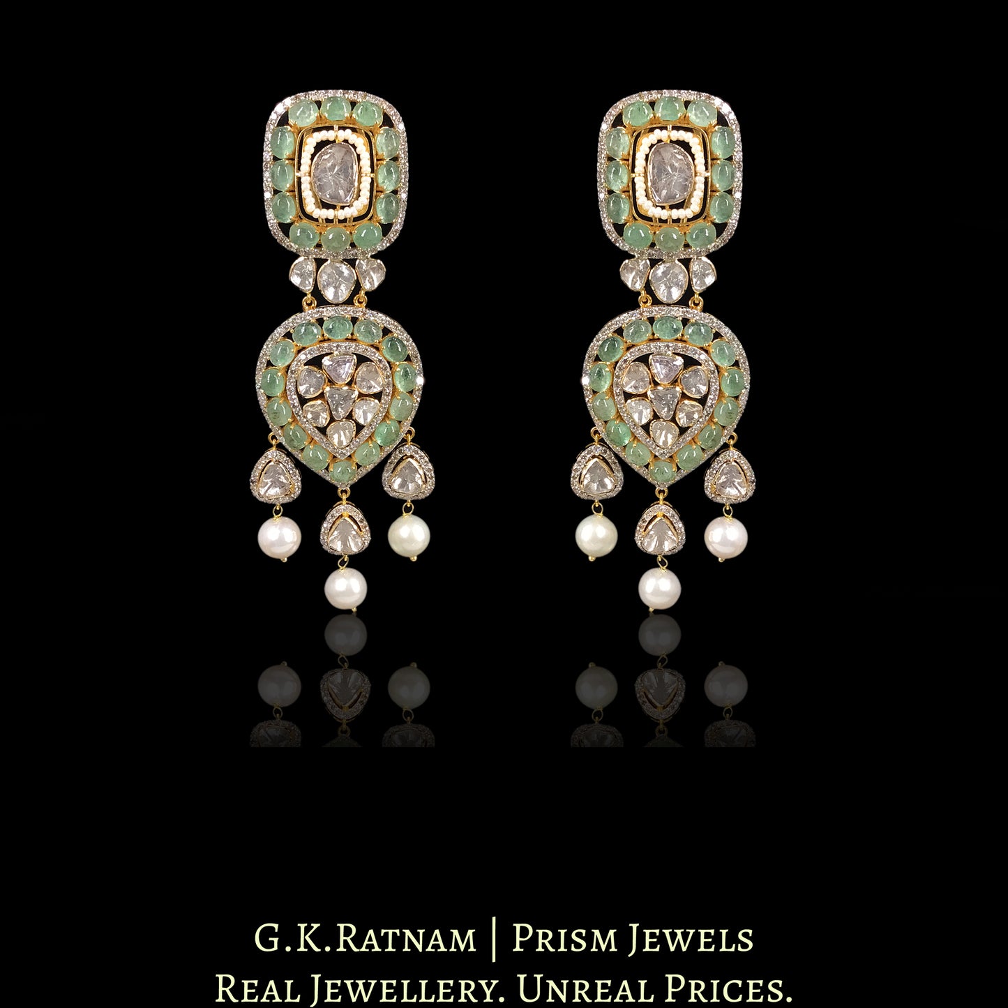 18k Gold and Diamond Polki Open Setting Necklace Set with emerald-grade cabochons