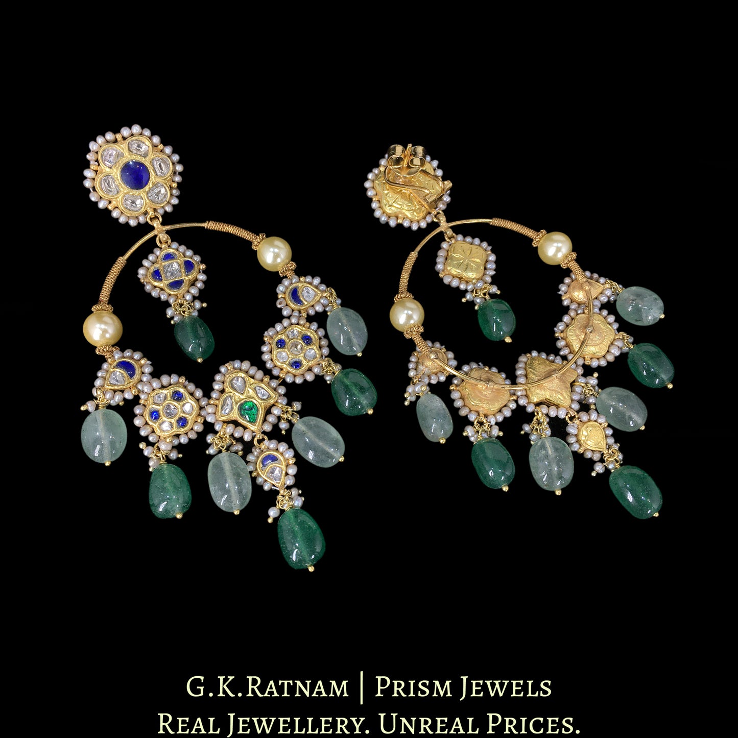 23k Gold and Diamond Polki pipe-style Chand Bali Earring Pair with Antiqued Freshwater Pearls and Strawberry Quartz