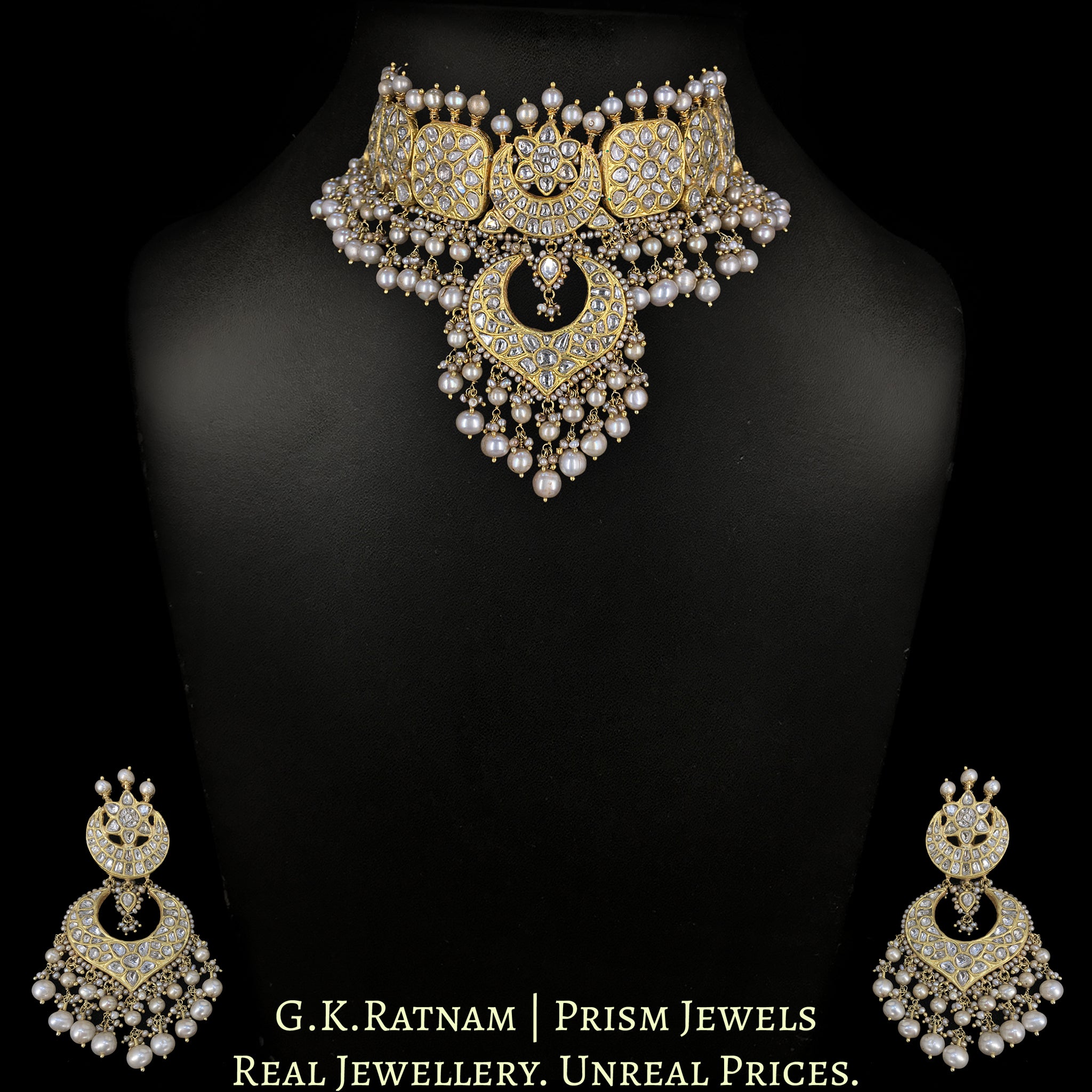 23k Gold and Diamond Polki Choker Necklace Set With Antiqued Hyderabad ...