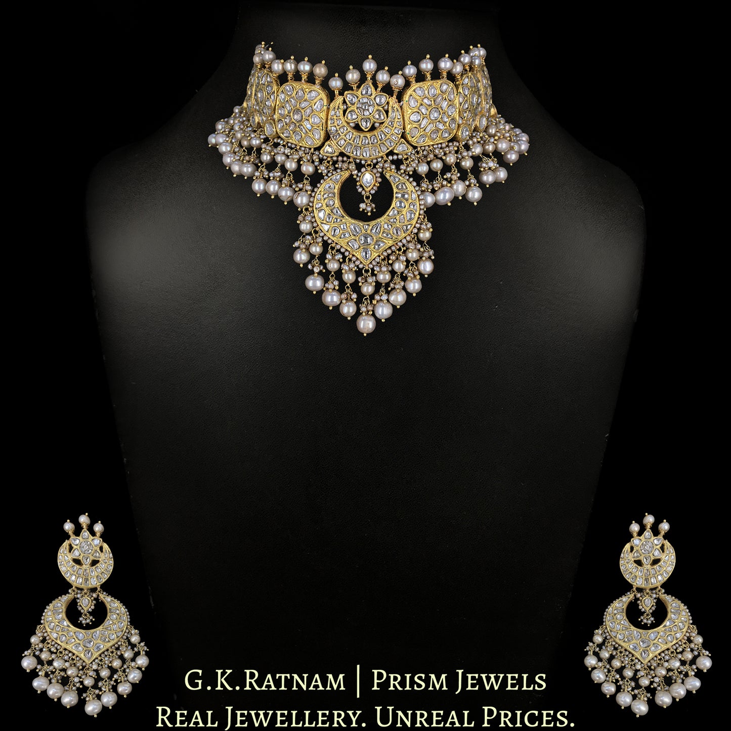 23k Gold and Diamond Polki Choker Necklace Set With Antiqued Hyderabadi Pearls