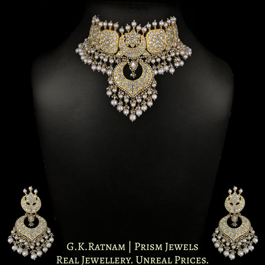 23k Gold and Diamond Polki Choker Necklace Set With Antiqued Hyderabadi Pearls