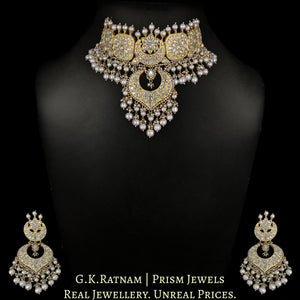 23k Gold and Diamond Polki Choker Necklace Set With Antiqued Hyderabadi Pearls