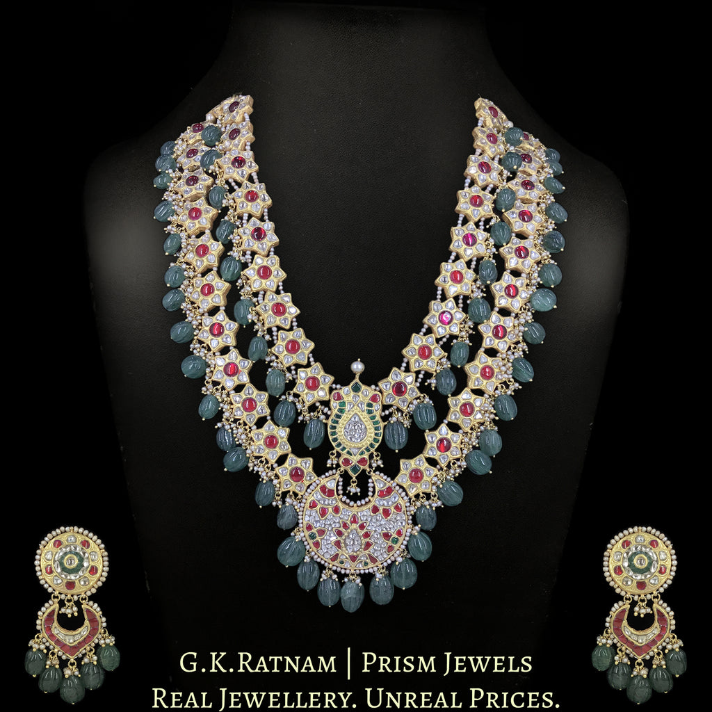 23k Gold And Diamond Polki south-style Long Necklace Set with star-motifs enhanced with hand-carved Melons