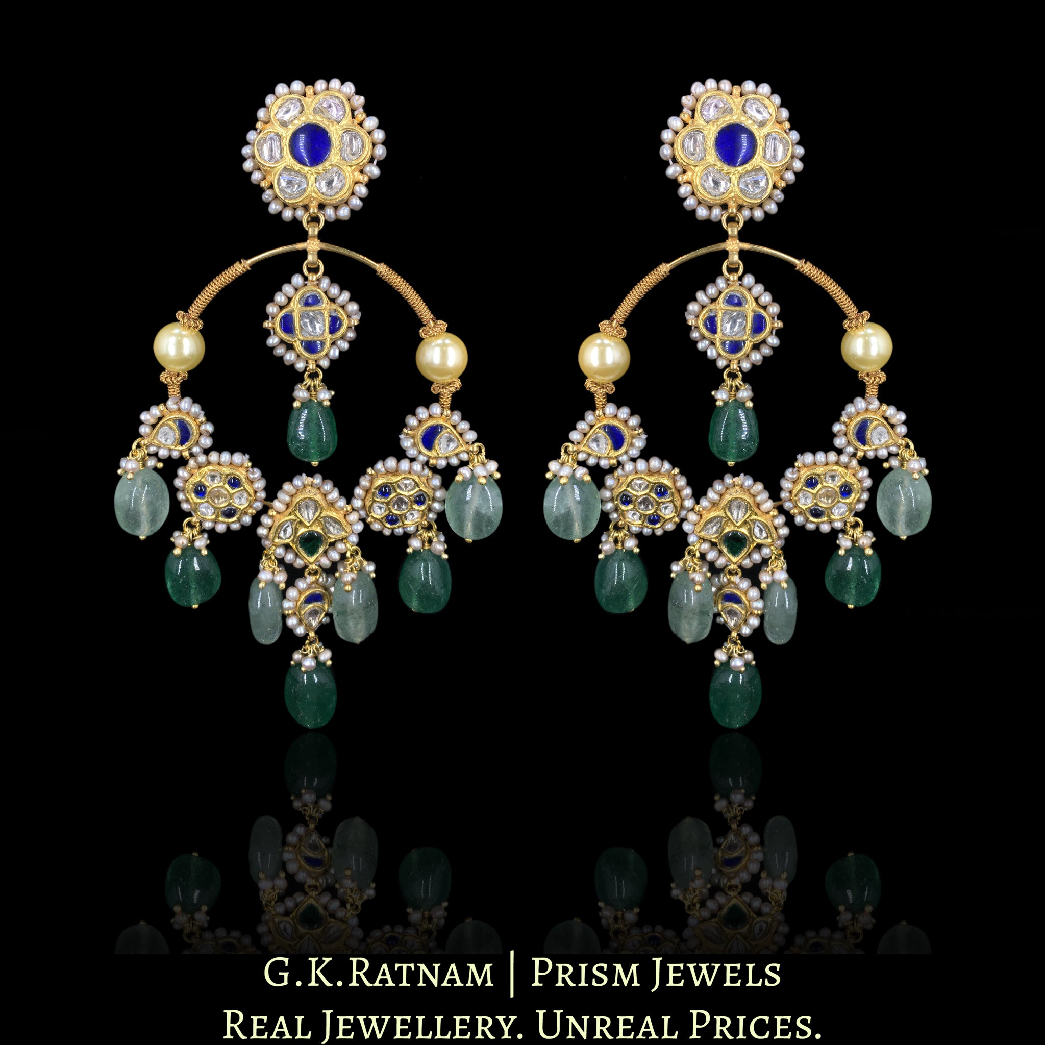 23k Gold and Diamond Polki pipe-style Chand Bali Earring Pair with Antiqued Freshwater Pearls and Strawberry Quartz